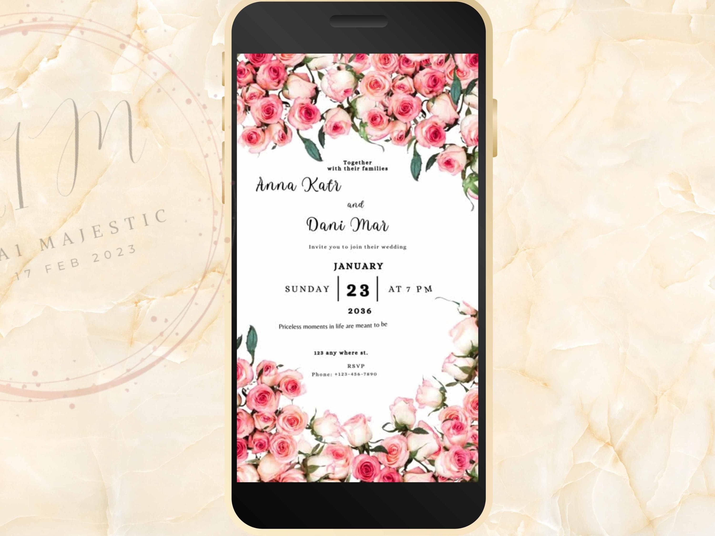 Pink Rose Wedding Evite Template, Electronic Wedding Invitation, Pink Rose video Wedding Invitation, Mobile Phone Invite. WEIB22 - image 4