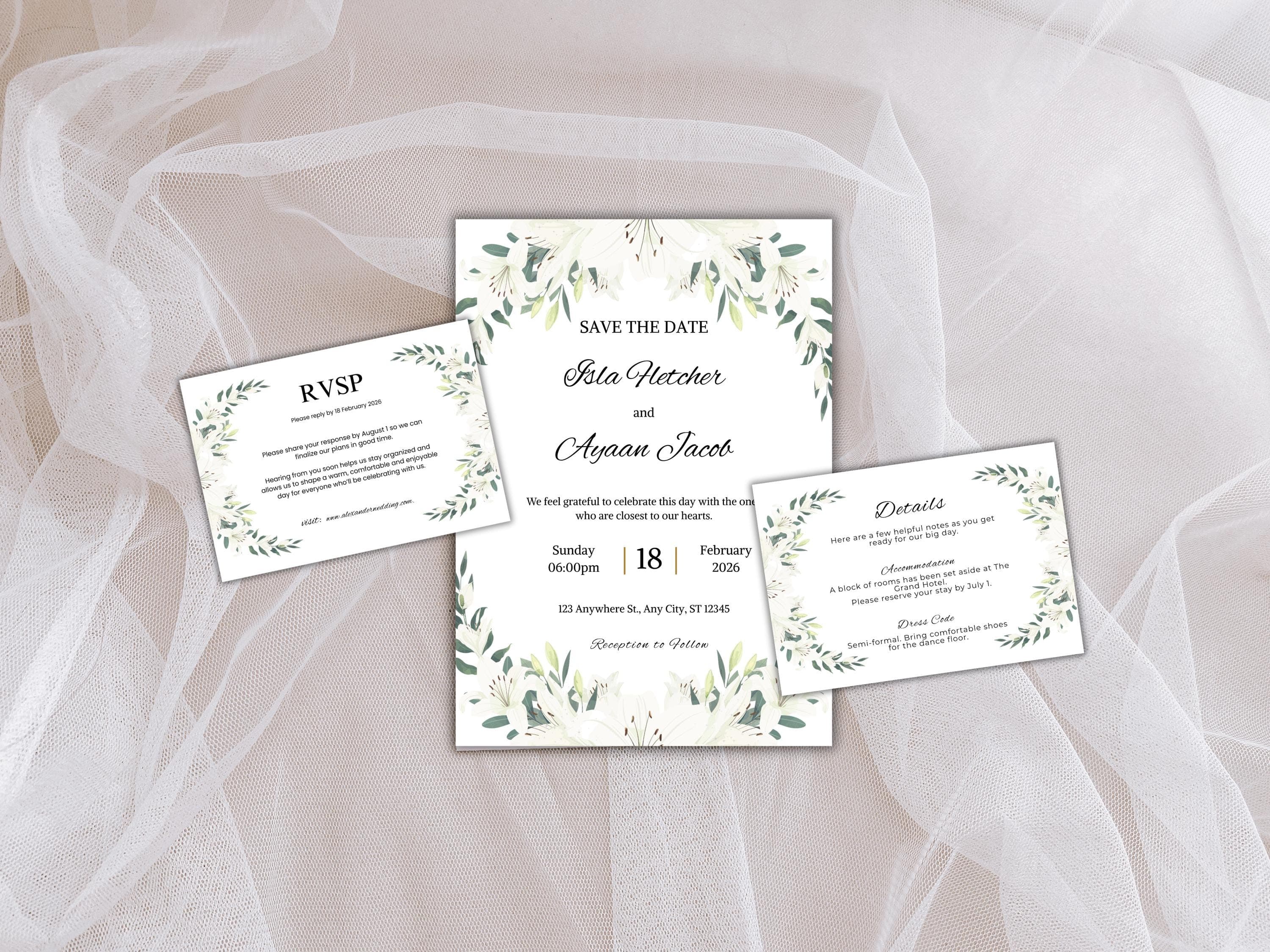 Wedding Invitation Set, RSVP, Wedding Invitation, Details, Editable, Template, WI247