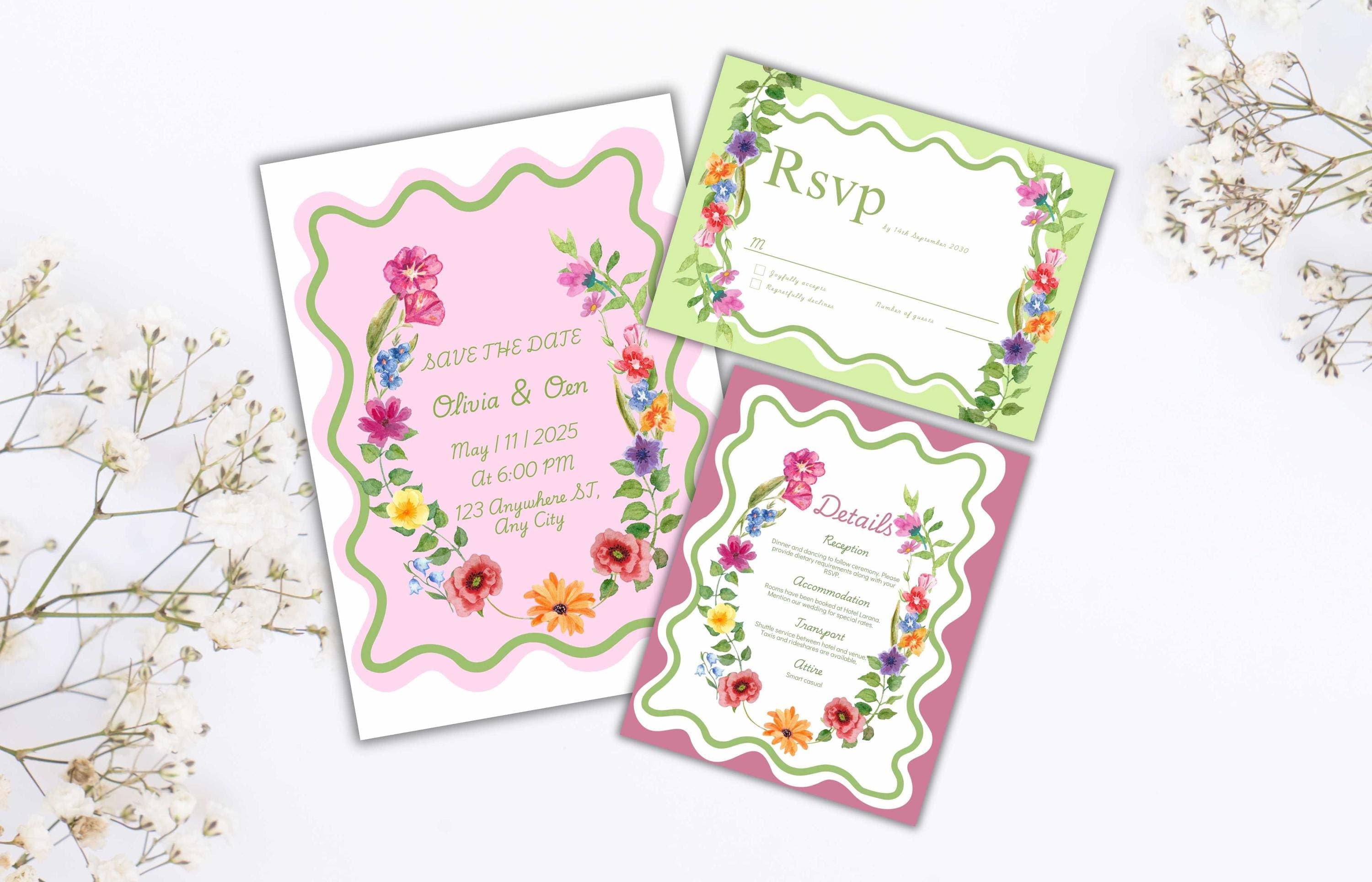 Pink Floral Wedding Invitation Template, Summer Wedding Invitation Suite, Botanical Invitation, Instant Download. WSB62