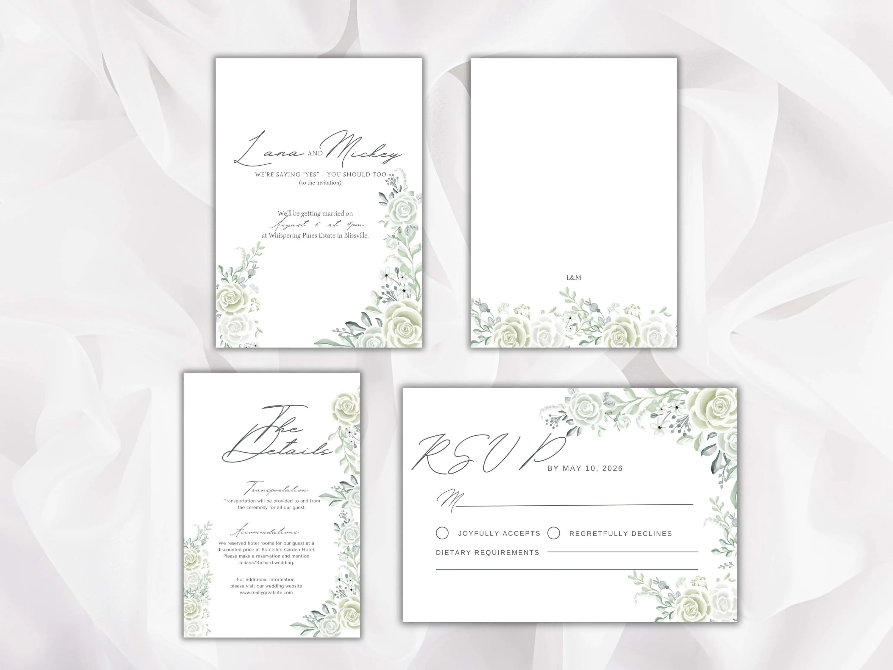 White Rose Wedding Invitation Template (Printable)