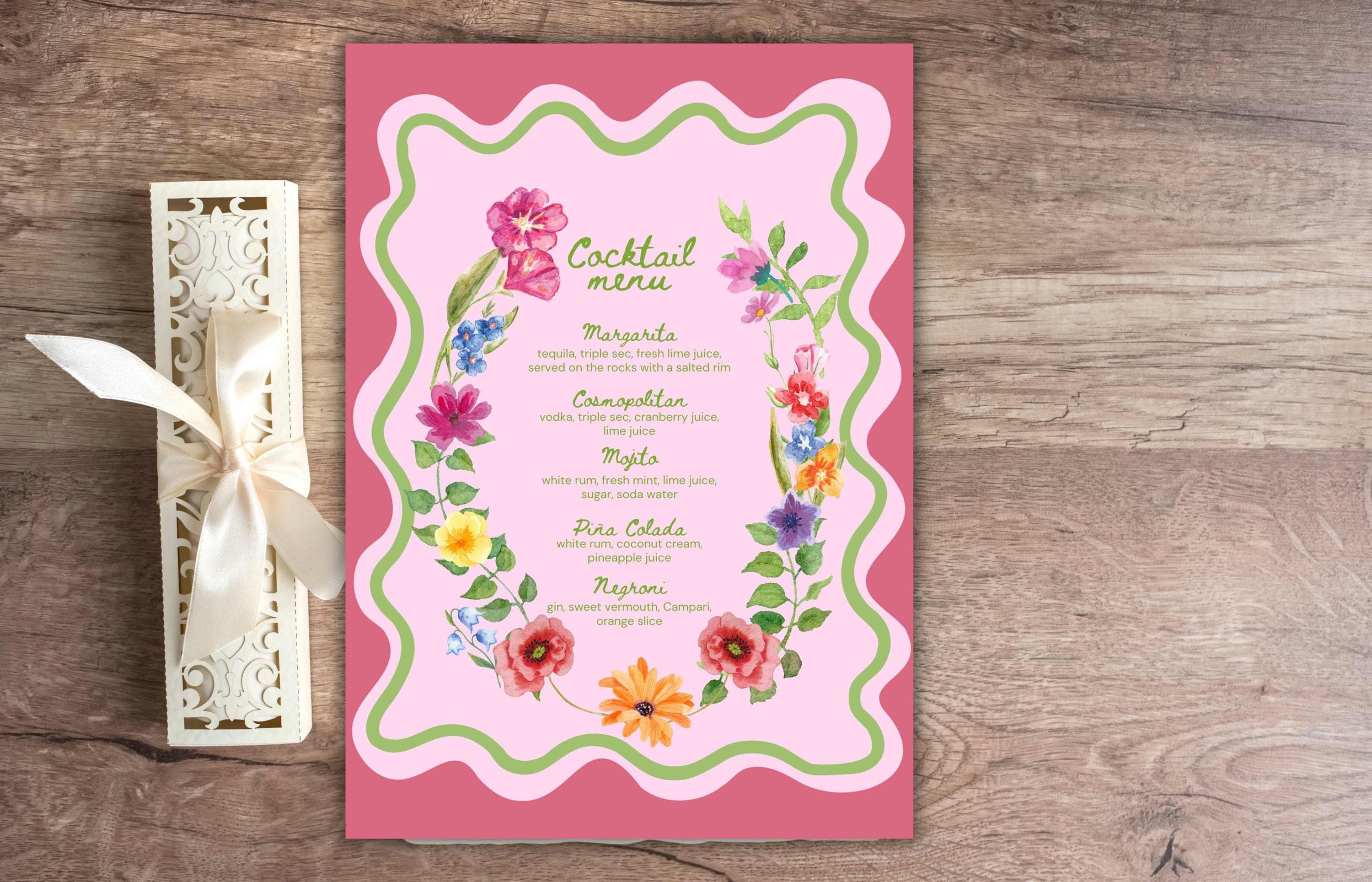 Colorful Floral Cocktail Menu Template, Printable Drinks Sign, Bar Menu Garden Party, Drink Menu, Biotical Wavy Cocktail Menu. WSB39 - image 4