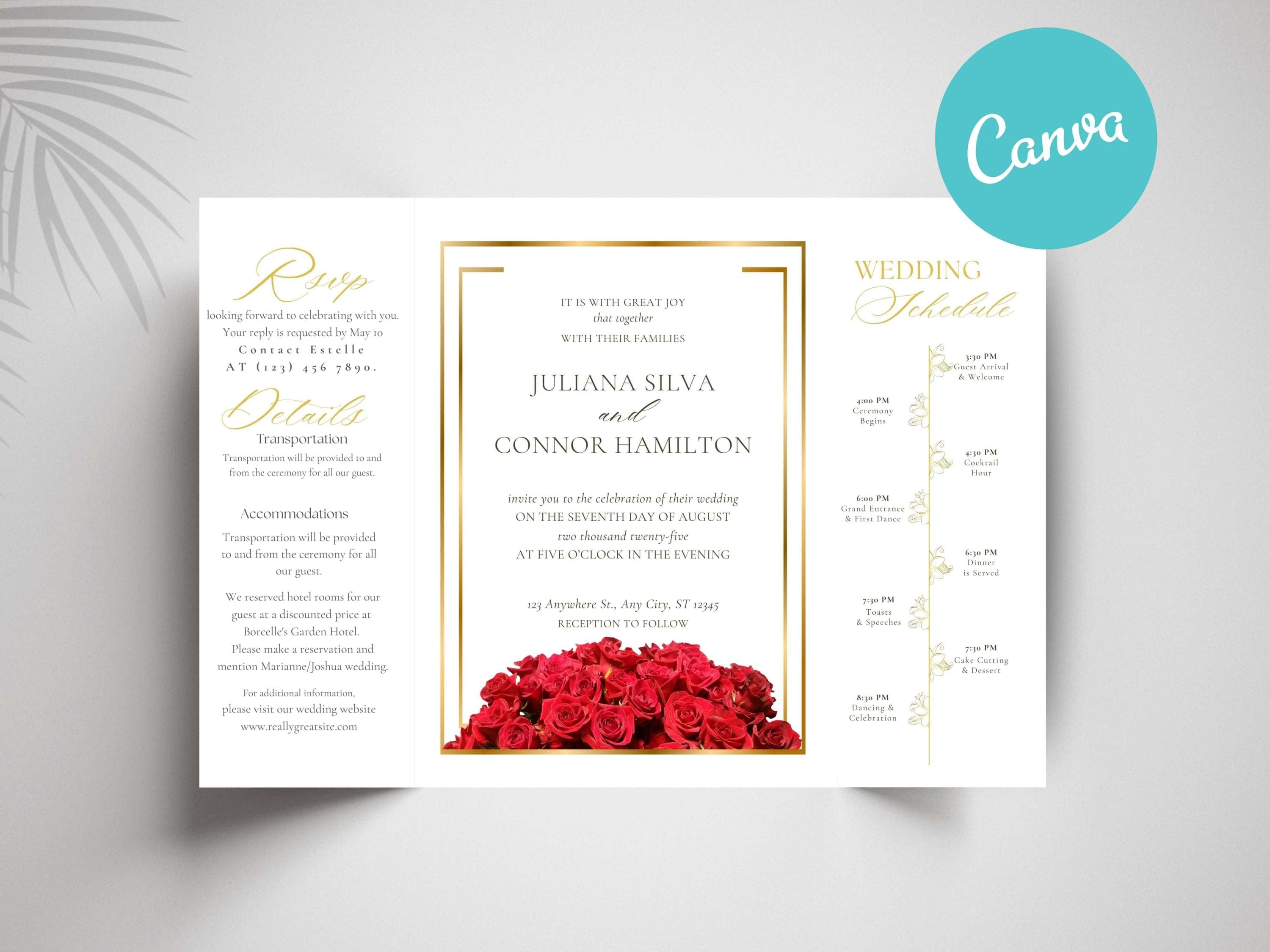 Red Rose Gatefold Wedding Invitation: Romantic Floral Card (Printable Template)