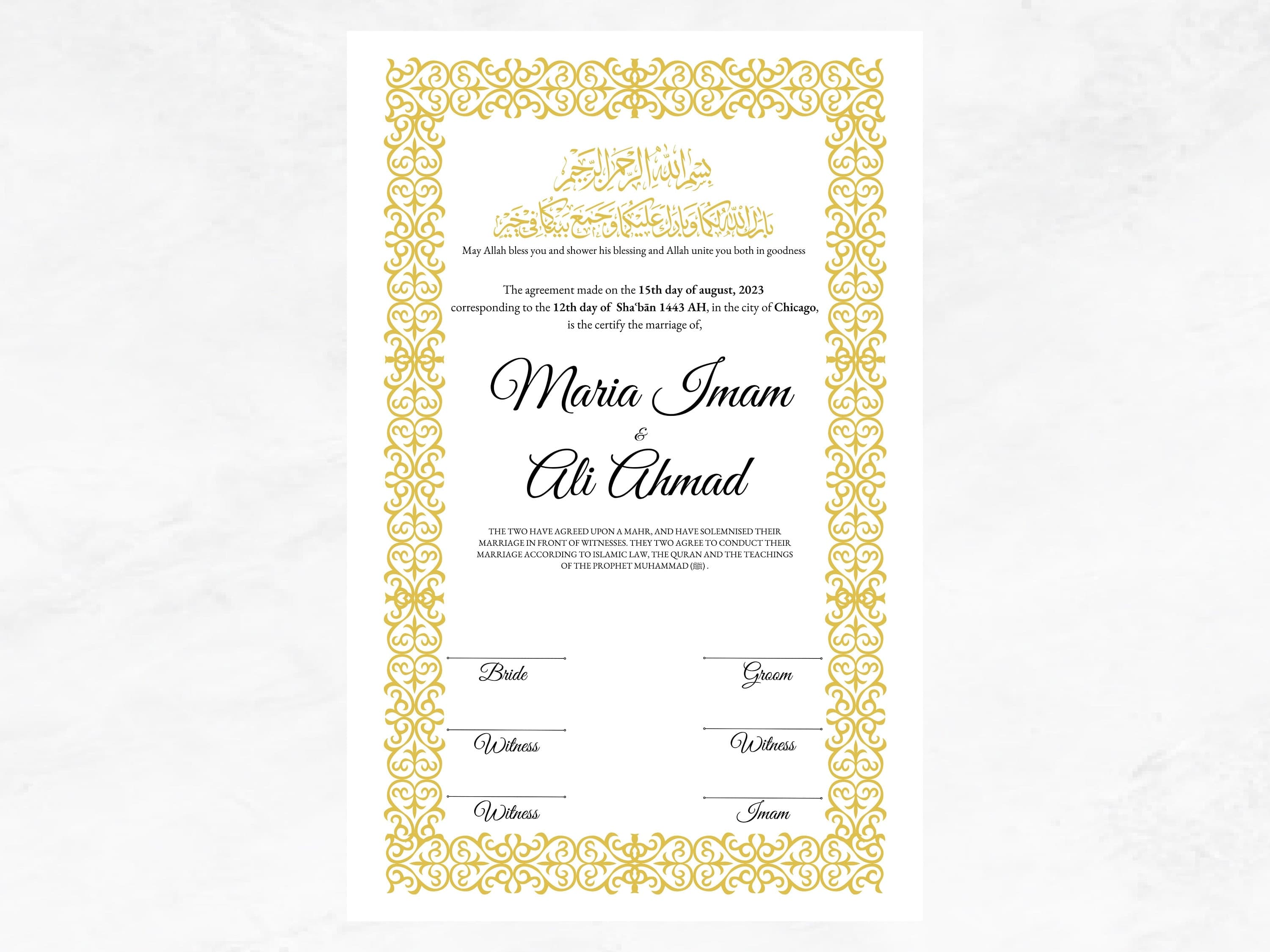 Printable Nikkah Contract Template | Islamic Marriage | PDF Muslim Marriage Contract | Wedding Keepsake.  NN85