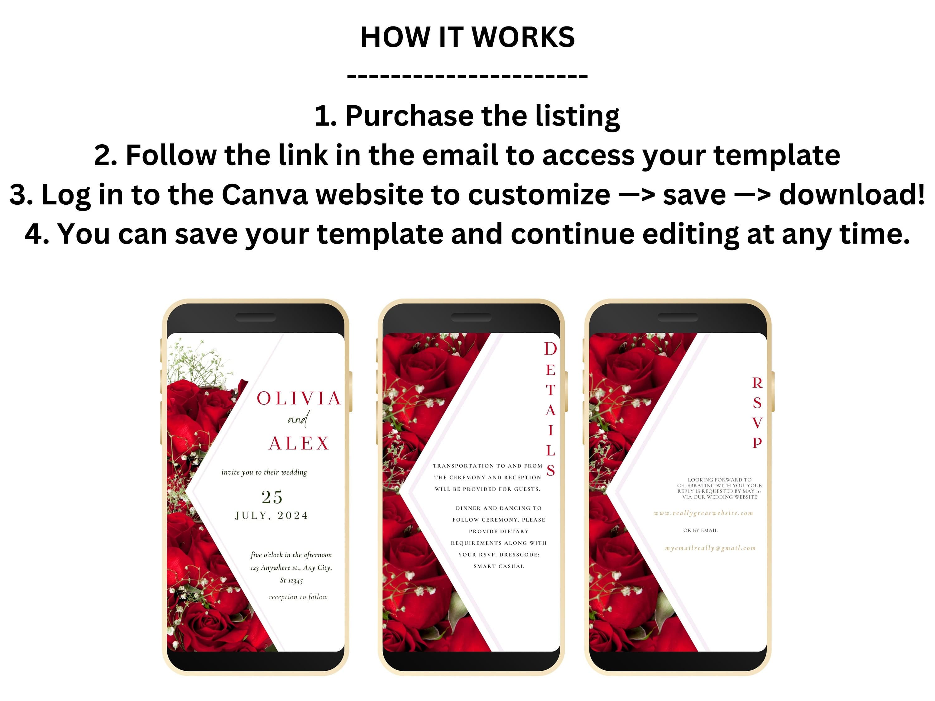 Modern Electronic Red Rose Wedding Invitation, Red Rose RSVP, Elegant Red Rose wedding Invitation, Smartphone Invitation. WEI5 - image 4