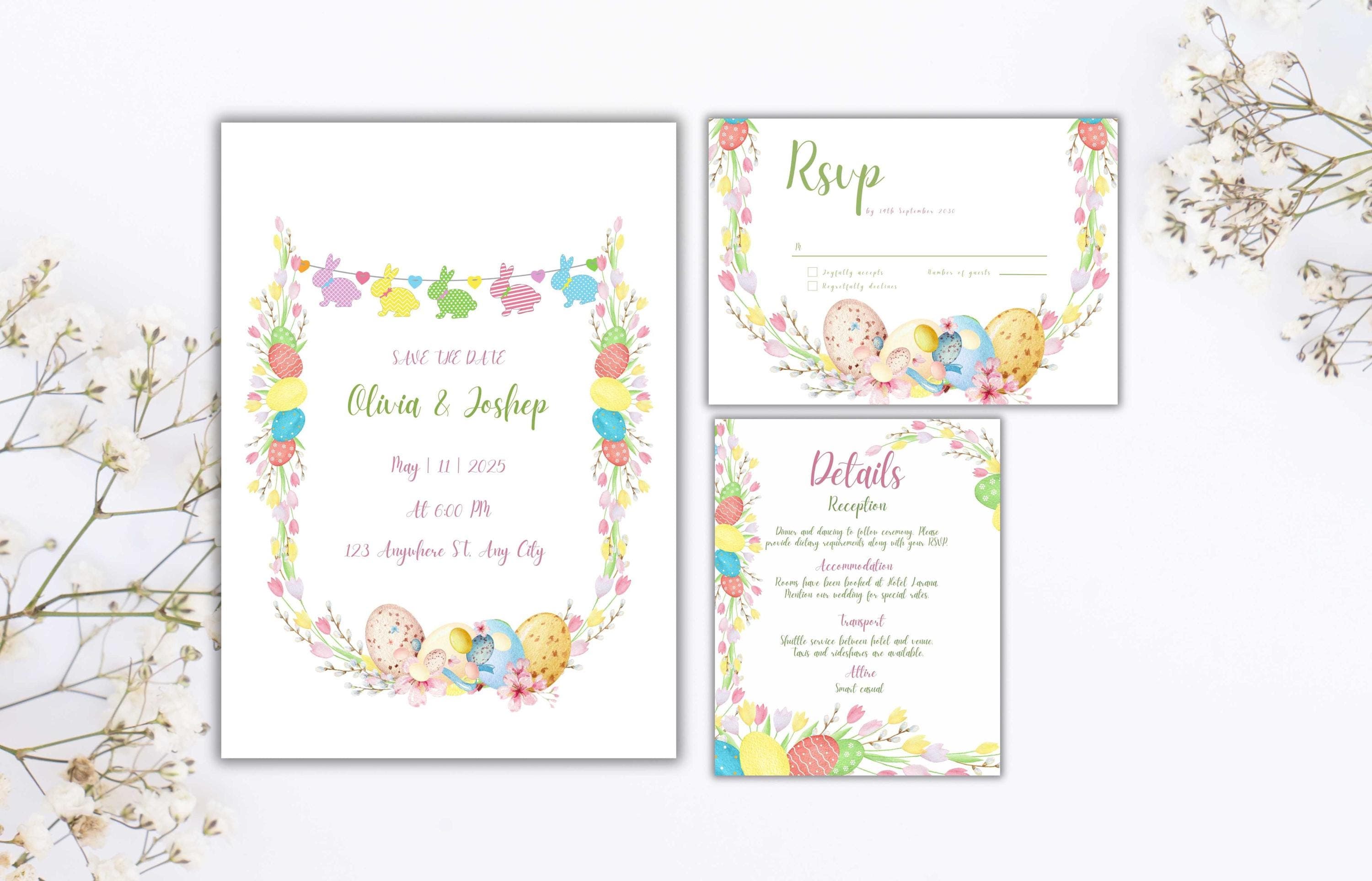 Easter Wedding Invitation Suite, Colorful Wedding Invitation Template, Editable Template, Floral invitation, Easter Wedding Bundle. WSB64 - image 3