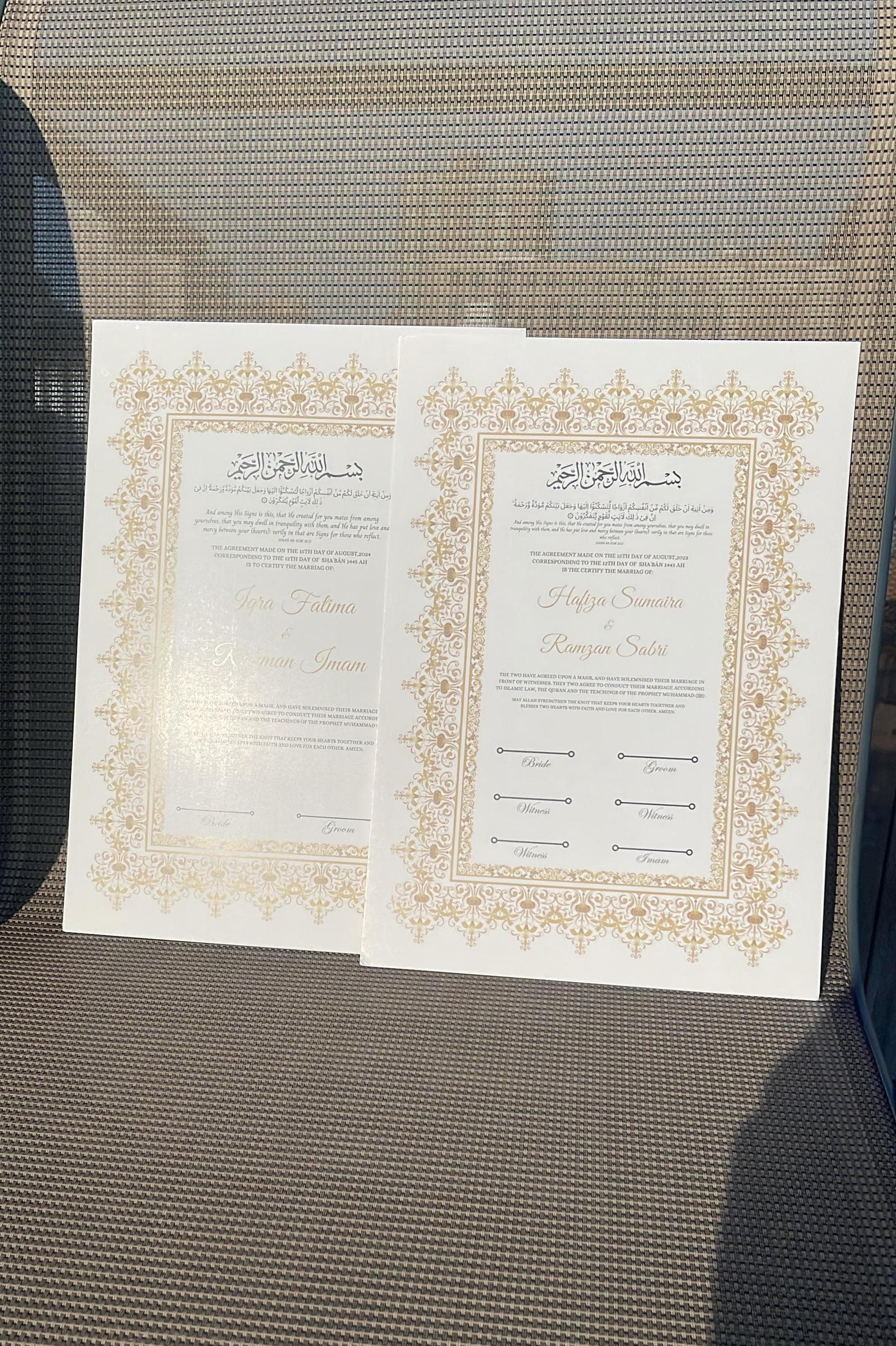 Nikkah Certificate, Islamic Wedding Contract, Muslim Marriage Certificate, Nikkah Nama, Personalised Names. Nikkah Certificate, A3/A4. P11