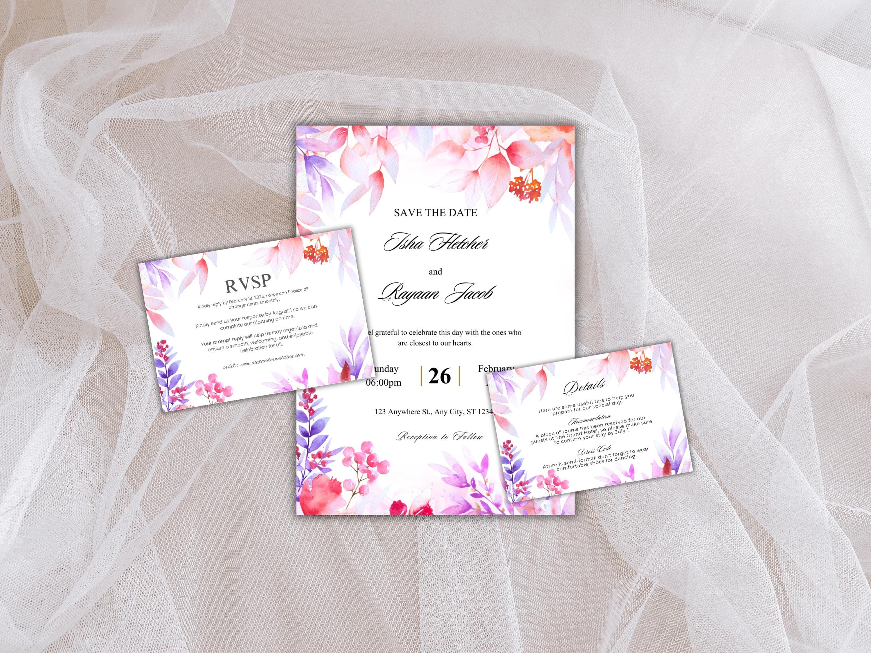 Wedding Invitation Bundle, RSVP, Thank You Card, Table Card, Menu Card, Reception Card, Details Card. WI252 - image 3