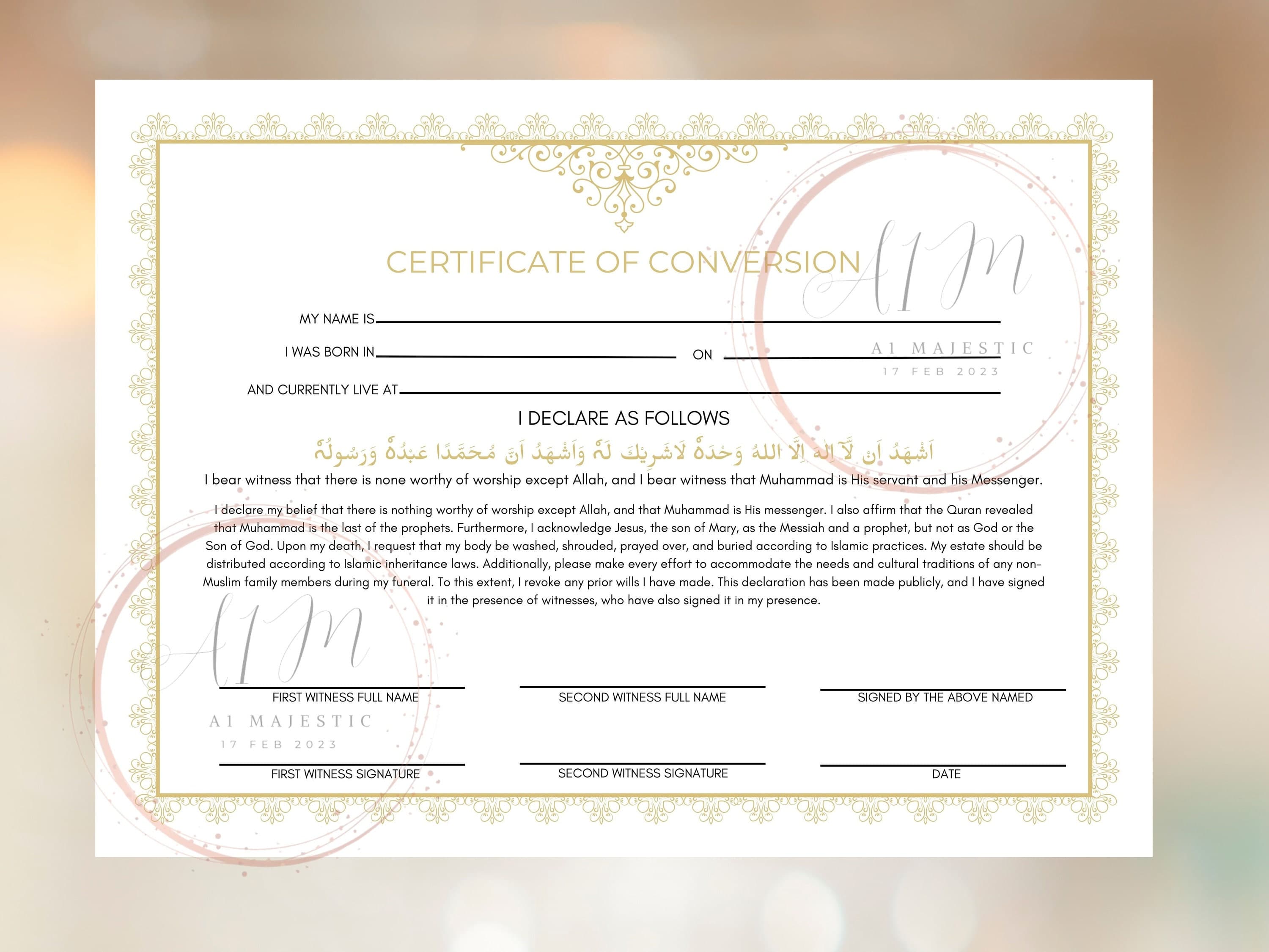 Conversion Certificate, Muslim Conversion Certificate, Shahada Certificate, Convert Certificate, Editable, Printable, Instant Download. CC2