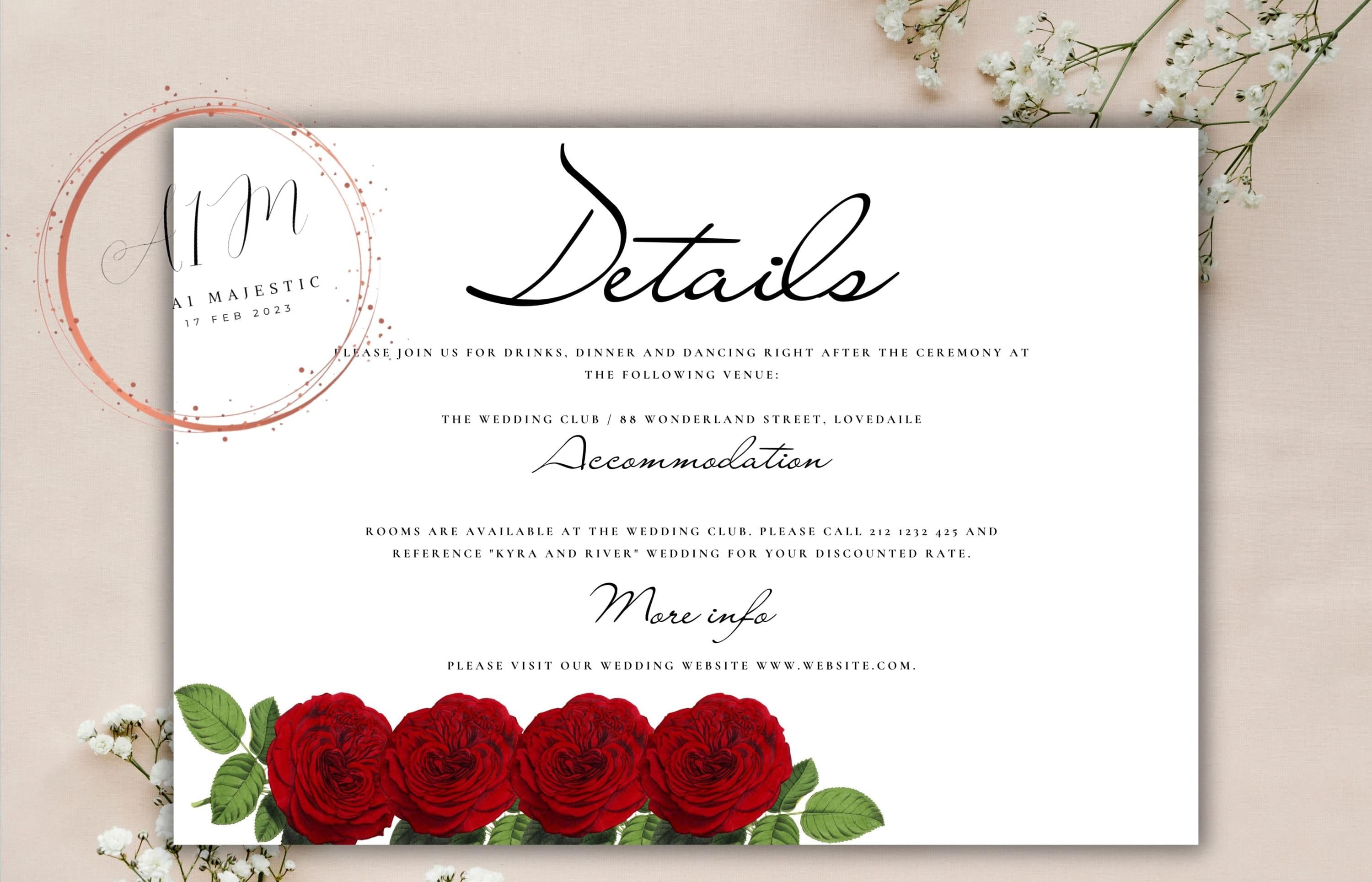 Red and White Wedding Invitation Set, Red Roses Wedding Invite, Floral Wedding, RSVP Card, Details Card, Printable Wedding Invite Suite.WT81 - image 3