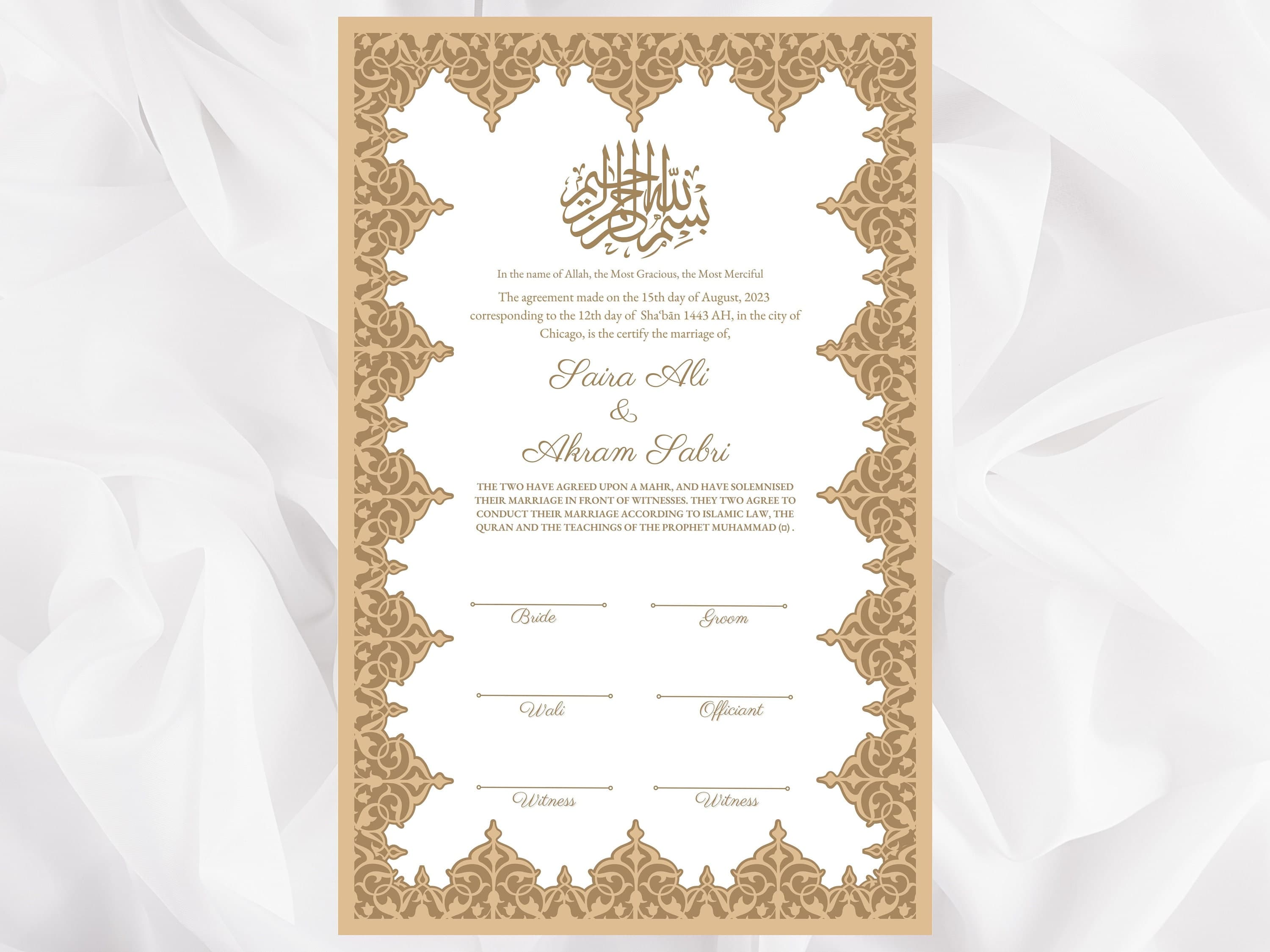 Nikkah Certificate, Template, Easy to edit, Muslim nikkah contract, Brown Nikkah Contract, Digital Download. 57