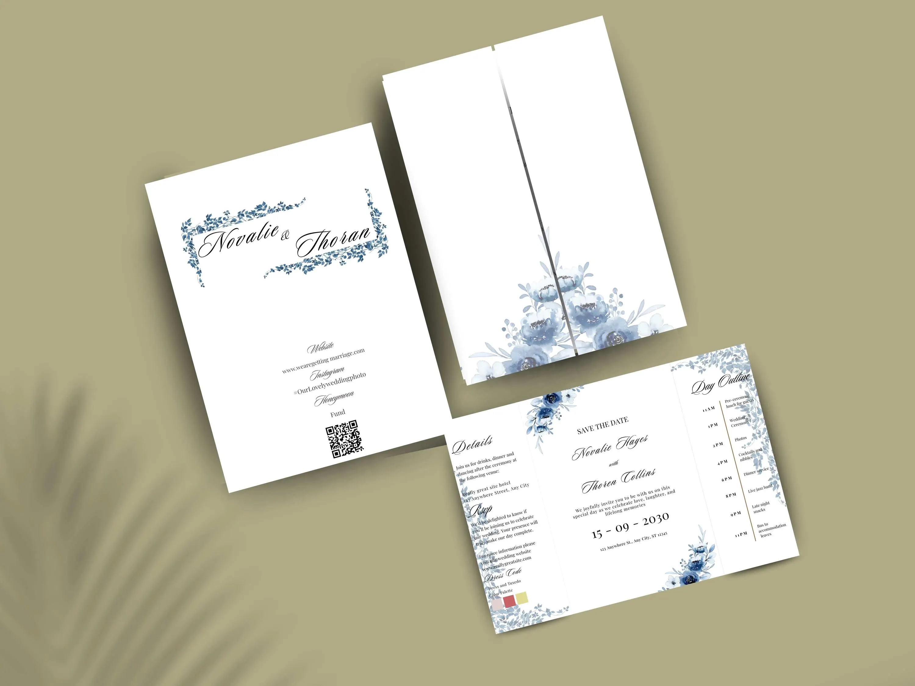 Blue Floral Wedding Itinerary Template, Elegant Navy Timeline (Editable Canva Template)