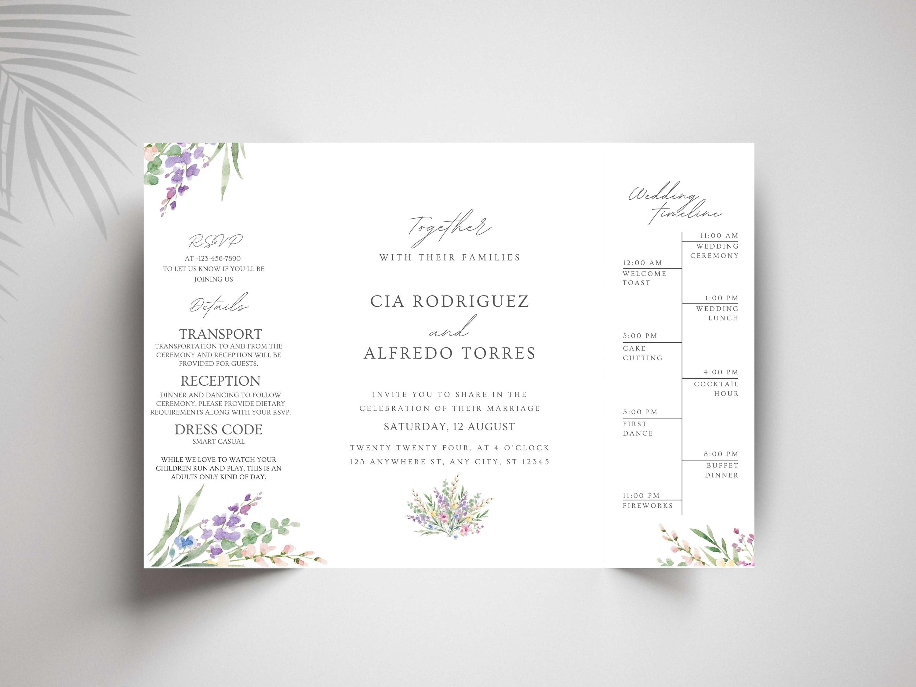 Elegant Floral Gatefold Wedding Invitation: Minimalist DIY Template (10x7" Flat, 5x7" Folded)