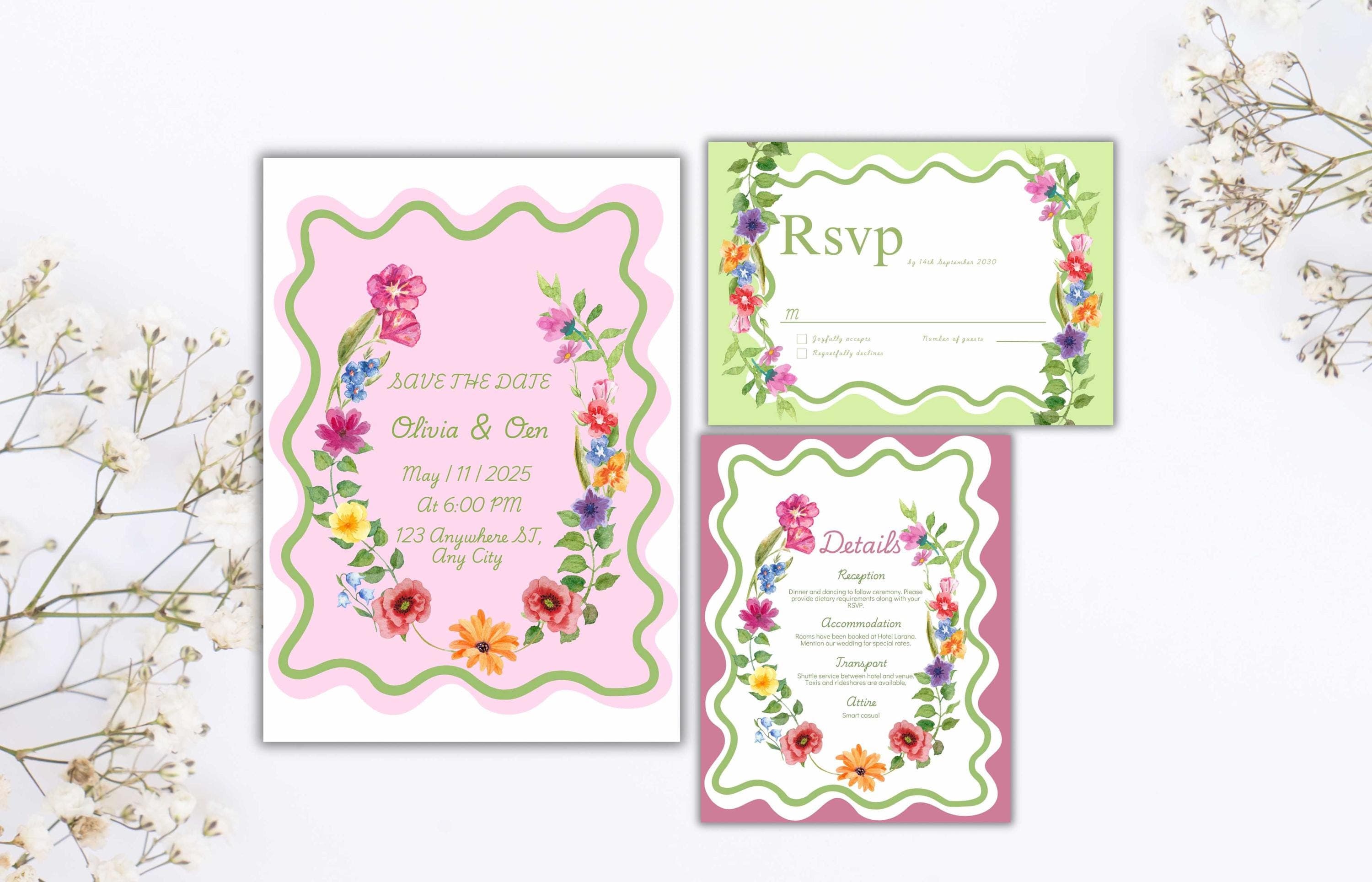 Pink Floral Wedding Invitation Template, Summer Wedding Invitation Suite, Botanical Invitation, Instant Download. WSB62 - image 3