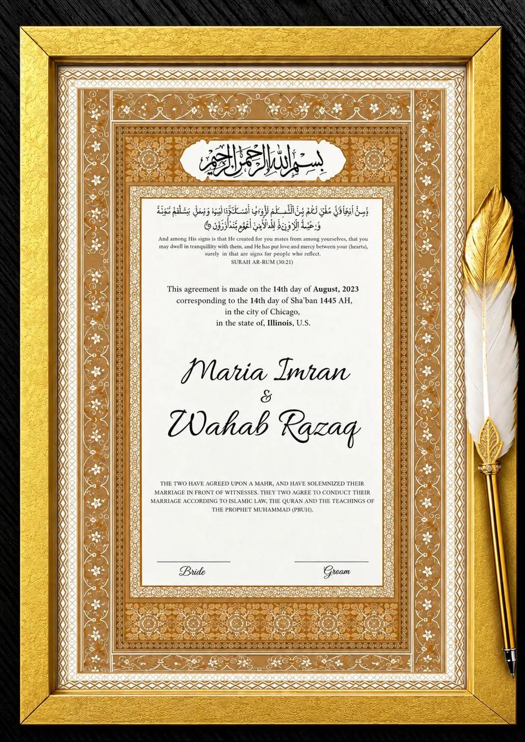 Nikkah Certificate with Feather Pen and Gold Frame, Nikkahnama, Muslim Marriage Certificate, A4/ A3