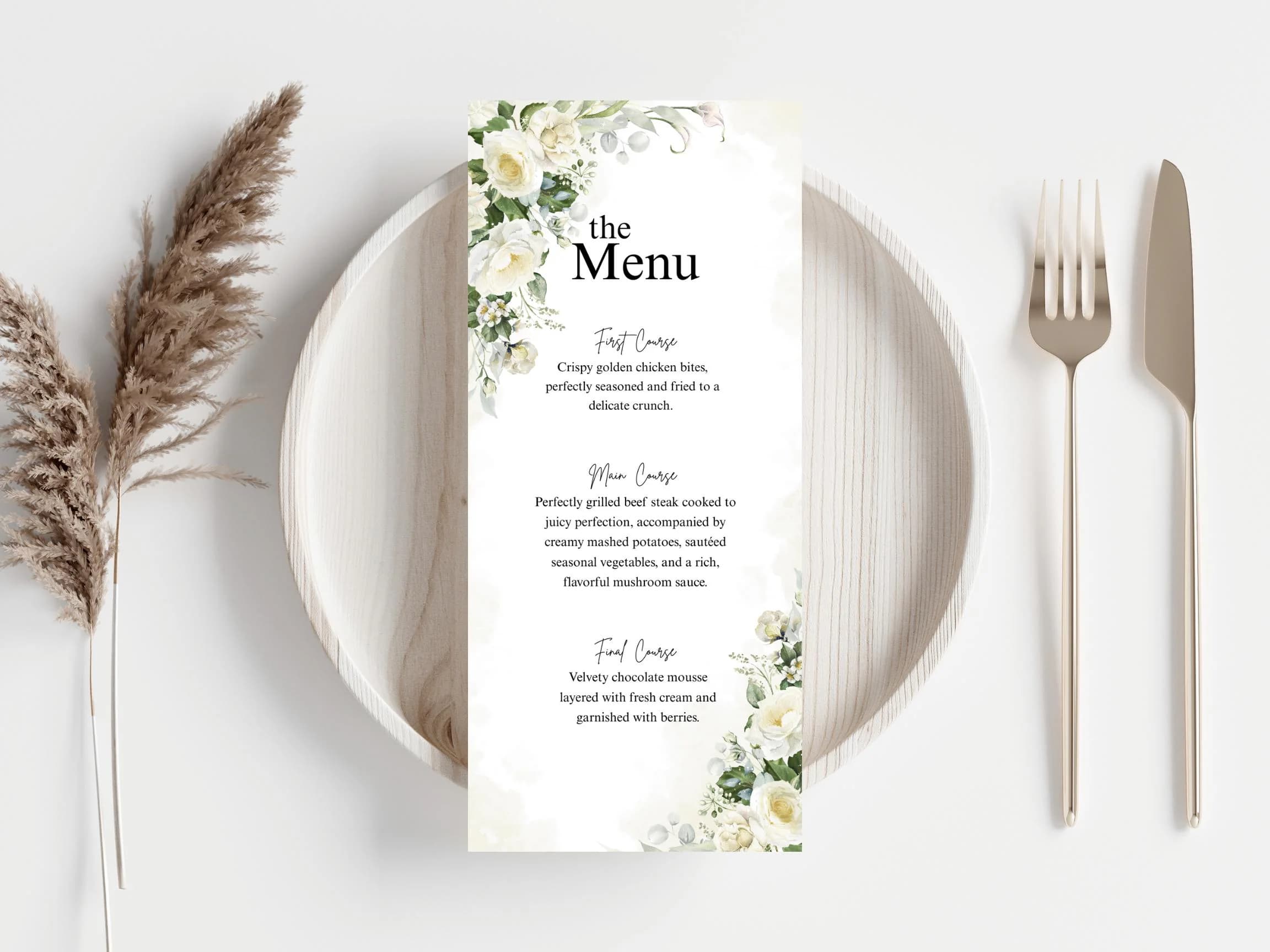 Editable Wedding Menu, Thank You, Table Cards (Canva Template)