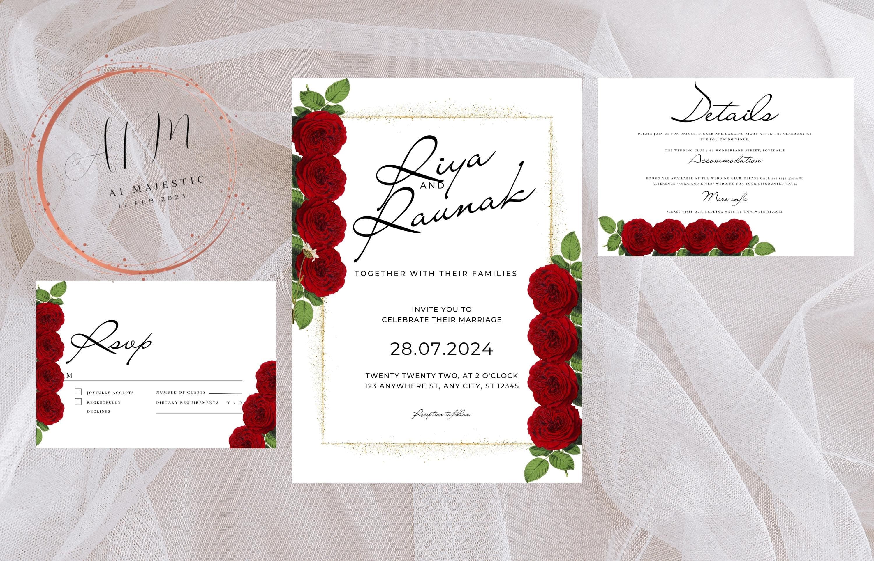 Red and White Wedding Invitation Set, Red Roses Wedding Invite, Floral Wedding, RSVP Card, Details Card, Printable Wedding Invite Suite.WT81