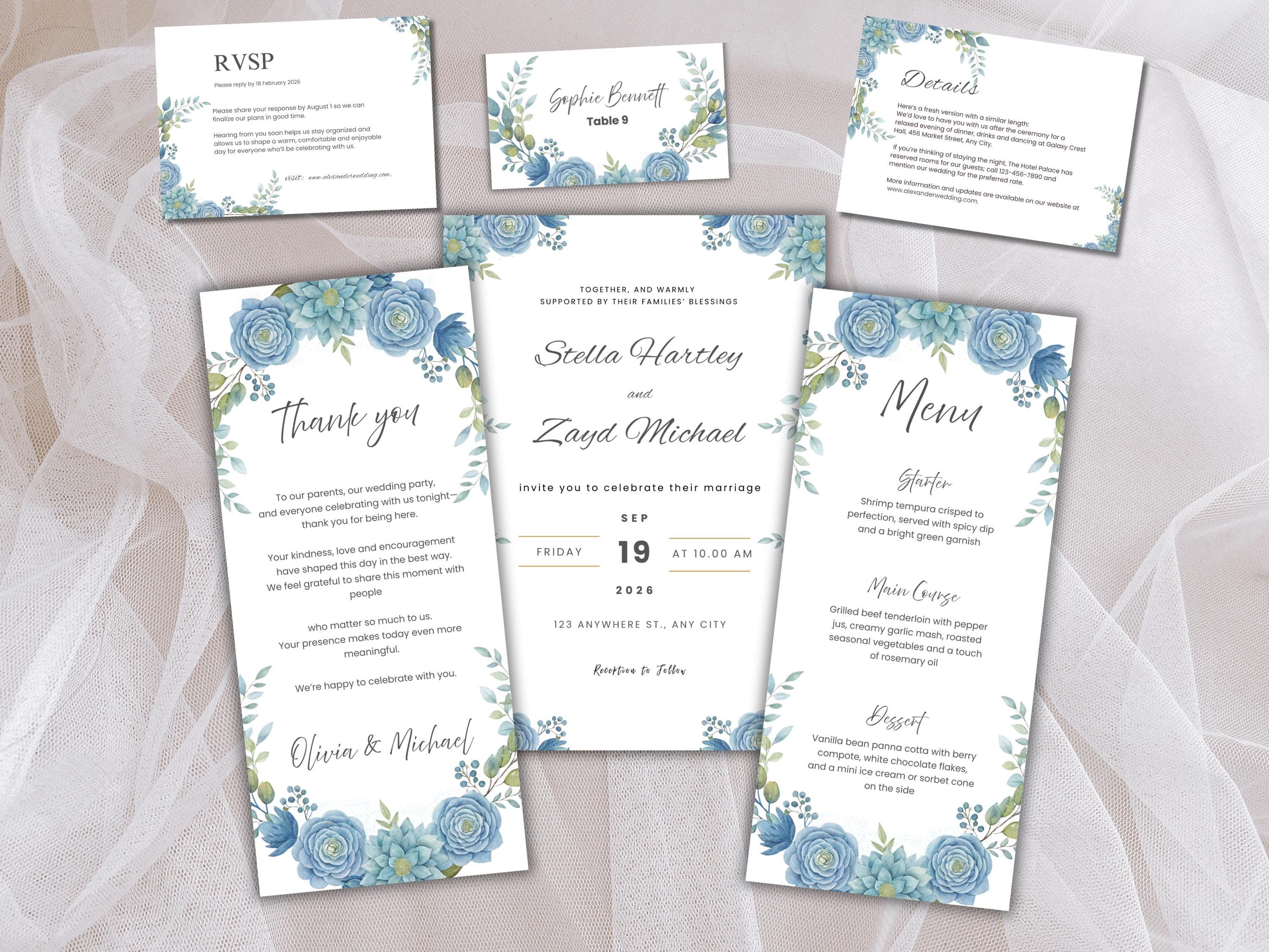 Wedding Invitation Bundle, RSVP, Thank You Card, Table Card, Menu Card, Reception Card, Details Card. WI242
