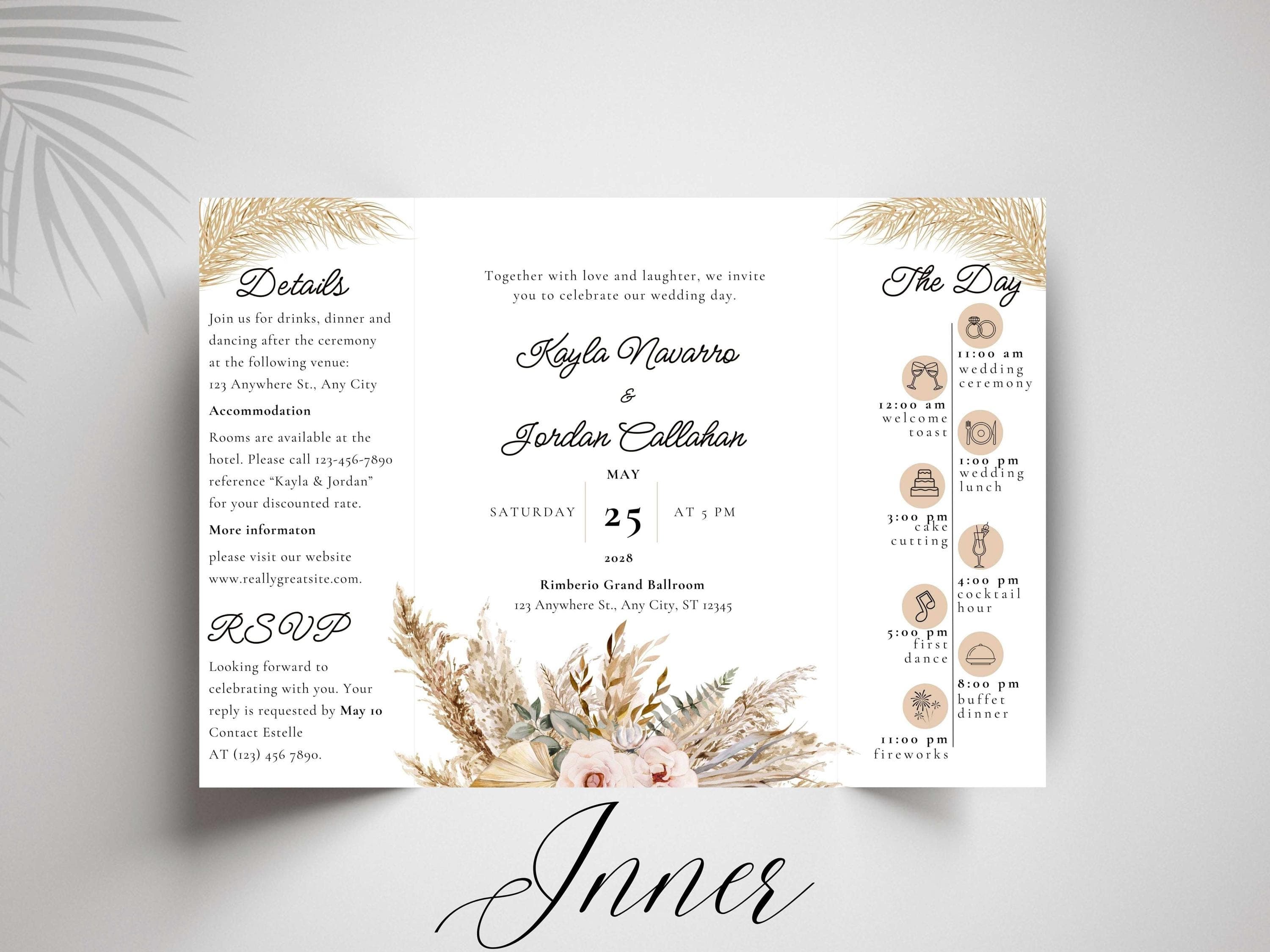 Rustic Floral Gatefold Wedding Invitation: Beige Boho Timeline (Digital Download) - image 5