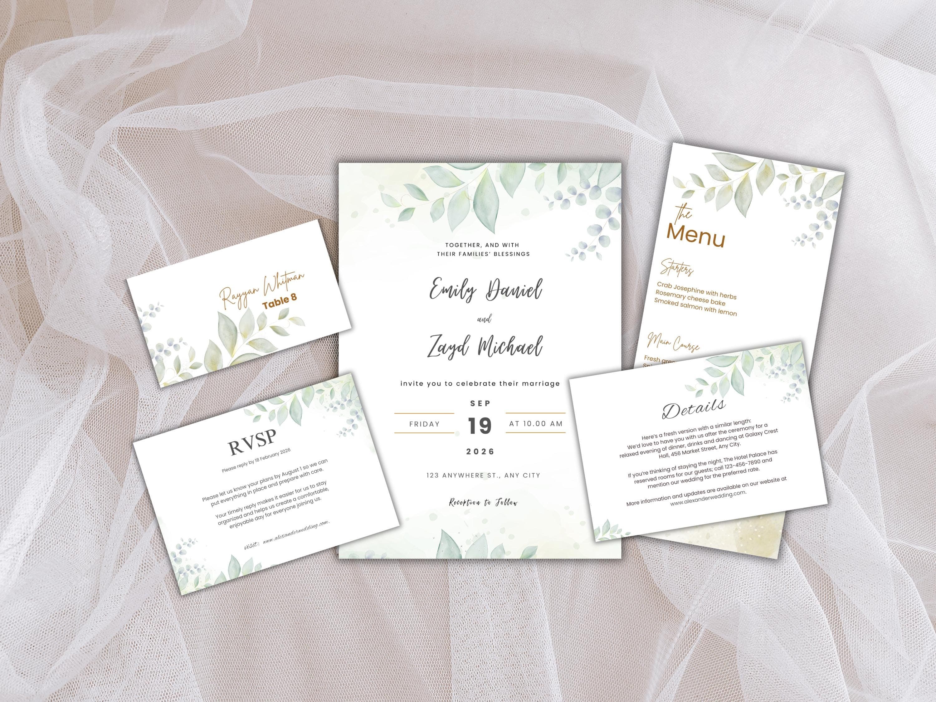 Wedding Invitation Bundle, RSVP, Thank You Card, Table Card, Menu Card, Reception Card, Details Card. WI240