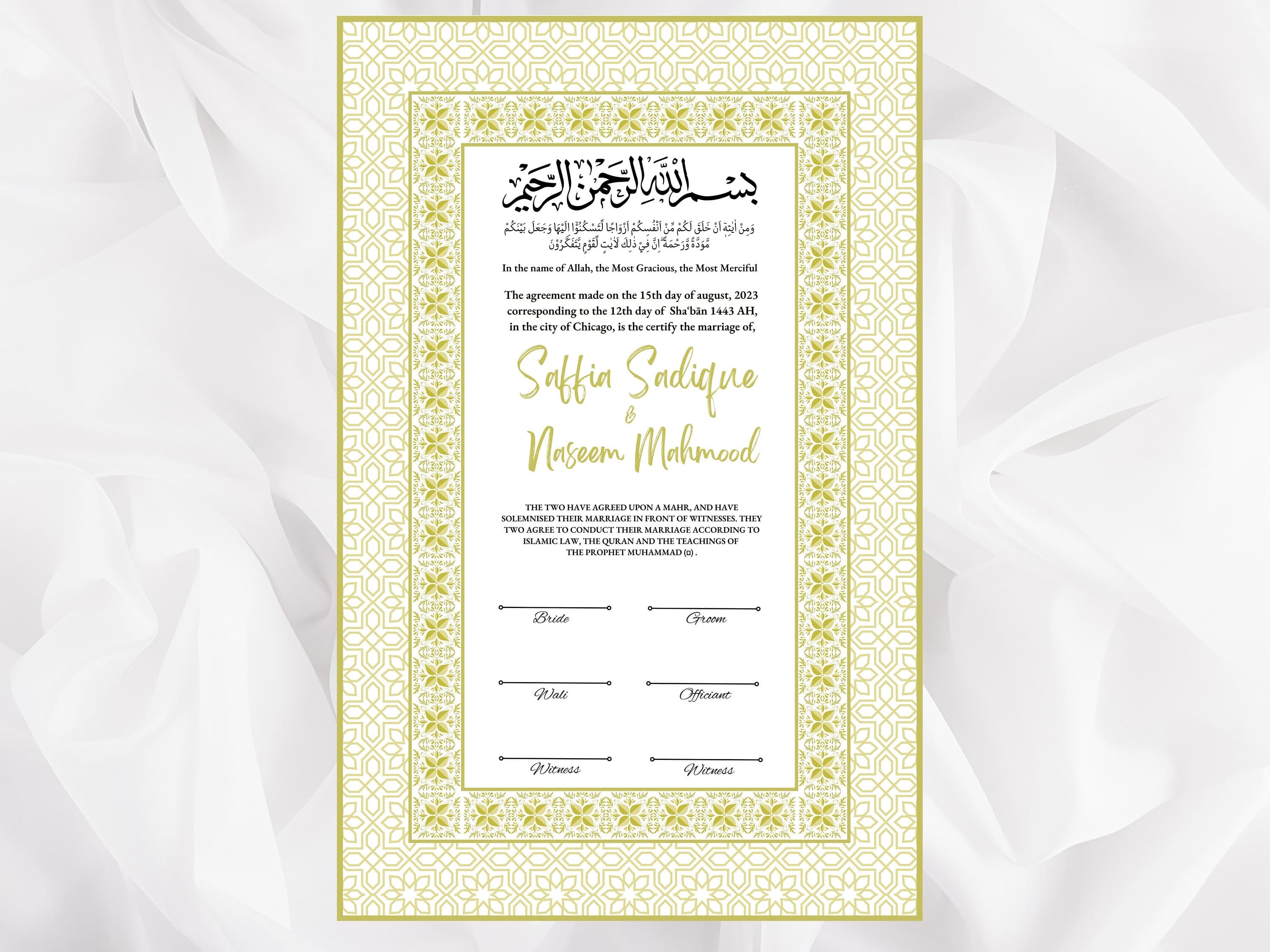 Luxury Nikkah Contract, Nikkah Certificate, Custom Nikah Nama, Islamic Wedding Contract, Marriage Contract Wedding Digital Download. NN25