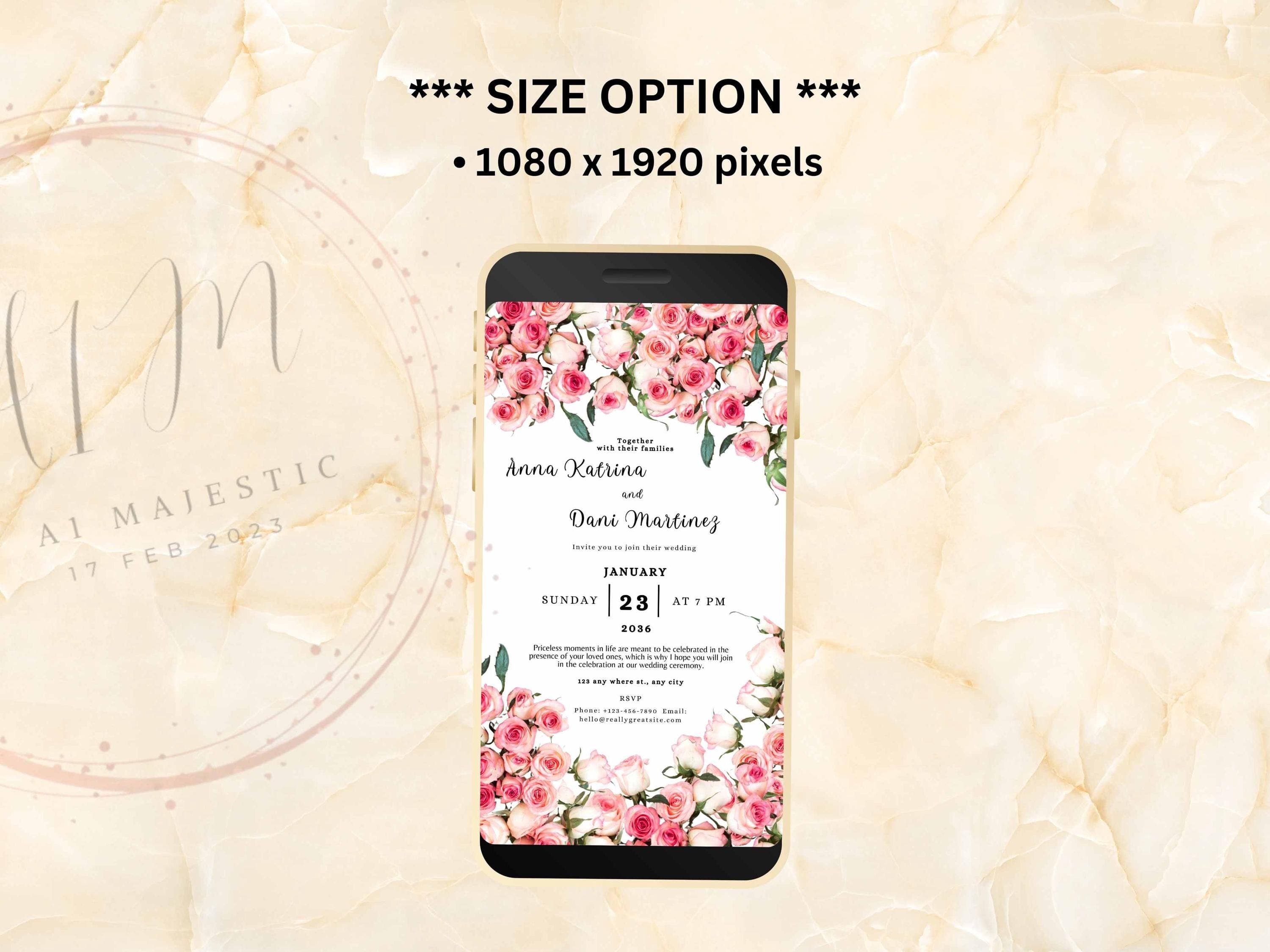 Pink Rose Wedding Evite Template, Electronic Wedding Invitation, Pink Rose video Wedding Invitation, Mobile Phone Invite. WEIB22 - image 3
