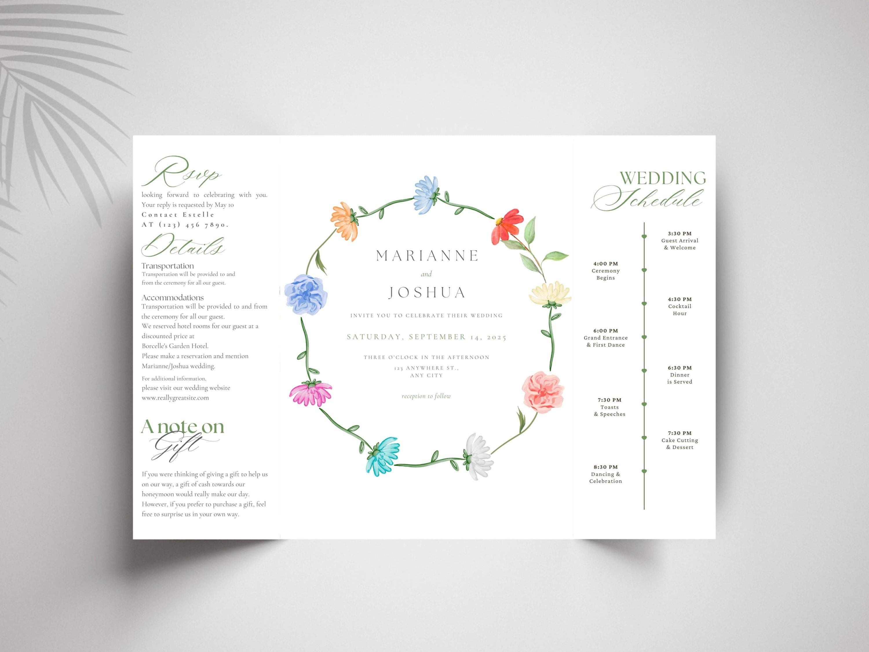Elegant Floral Gatefold Wedding Invitation Template (Editable PDF, 10x7" Flat, 5x7" Folded)