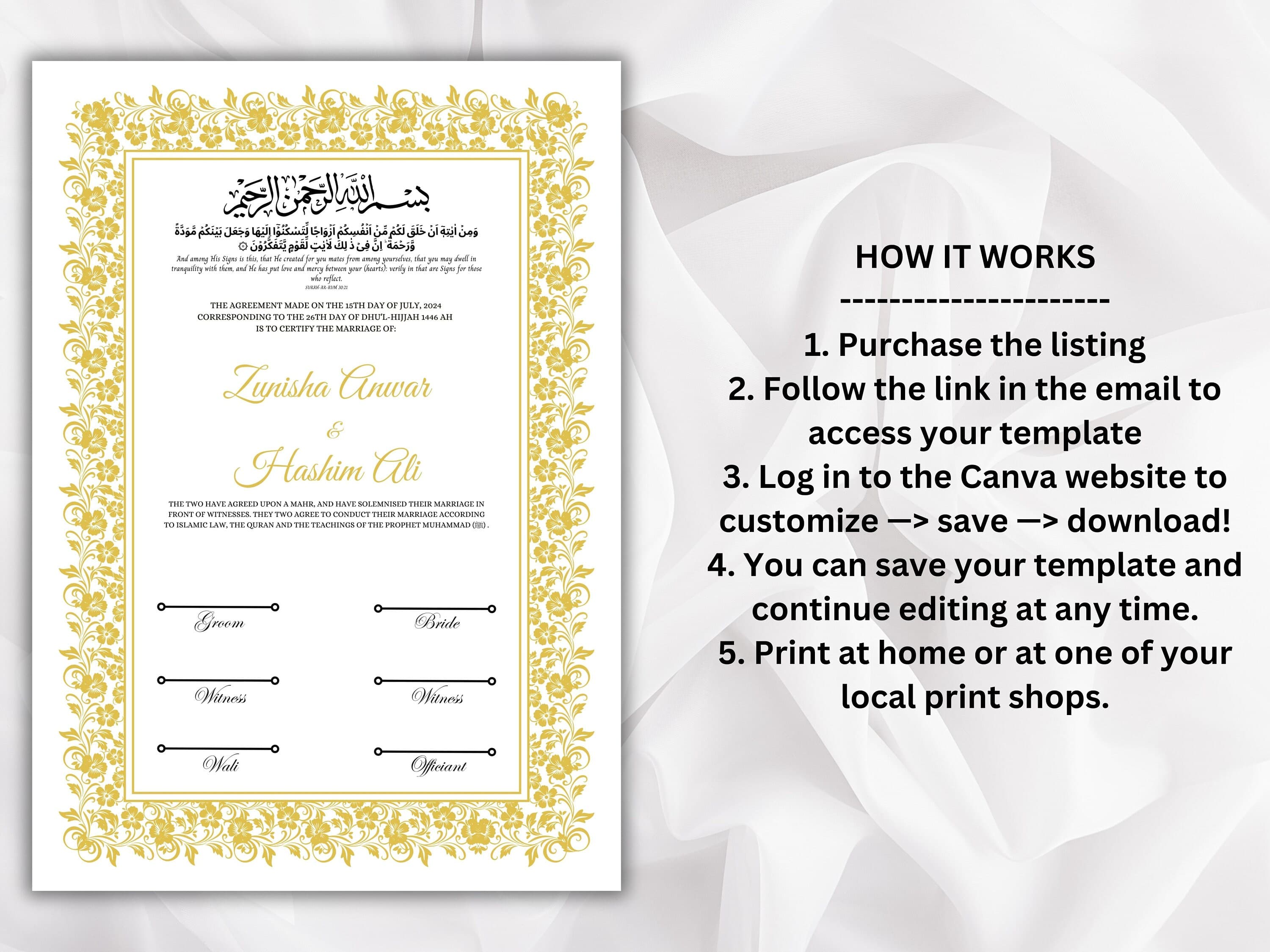 Nikkah Certificate Template, Traditional Islamic Wedding Agreement, Marriage Contract Wedding, Marriage Certificate Template, A4, A3. NN261 - image 3