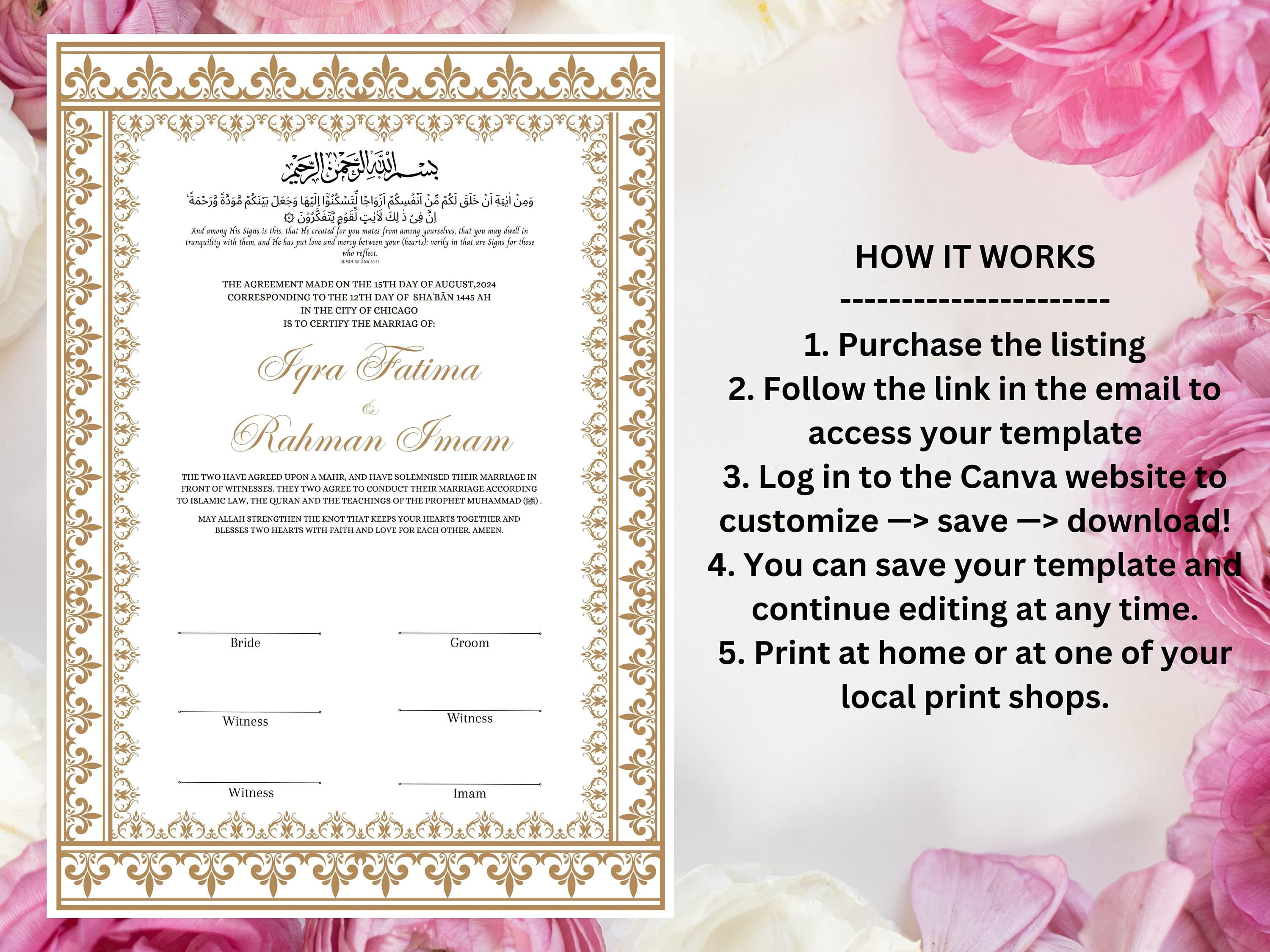Nikkah Certificate Digital Download Personalised, A4, A3, Template, Editable, Brown Nikkah Nama, Nikkah Contract, Muslim Contract. NN234 - image 4