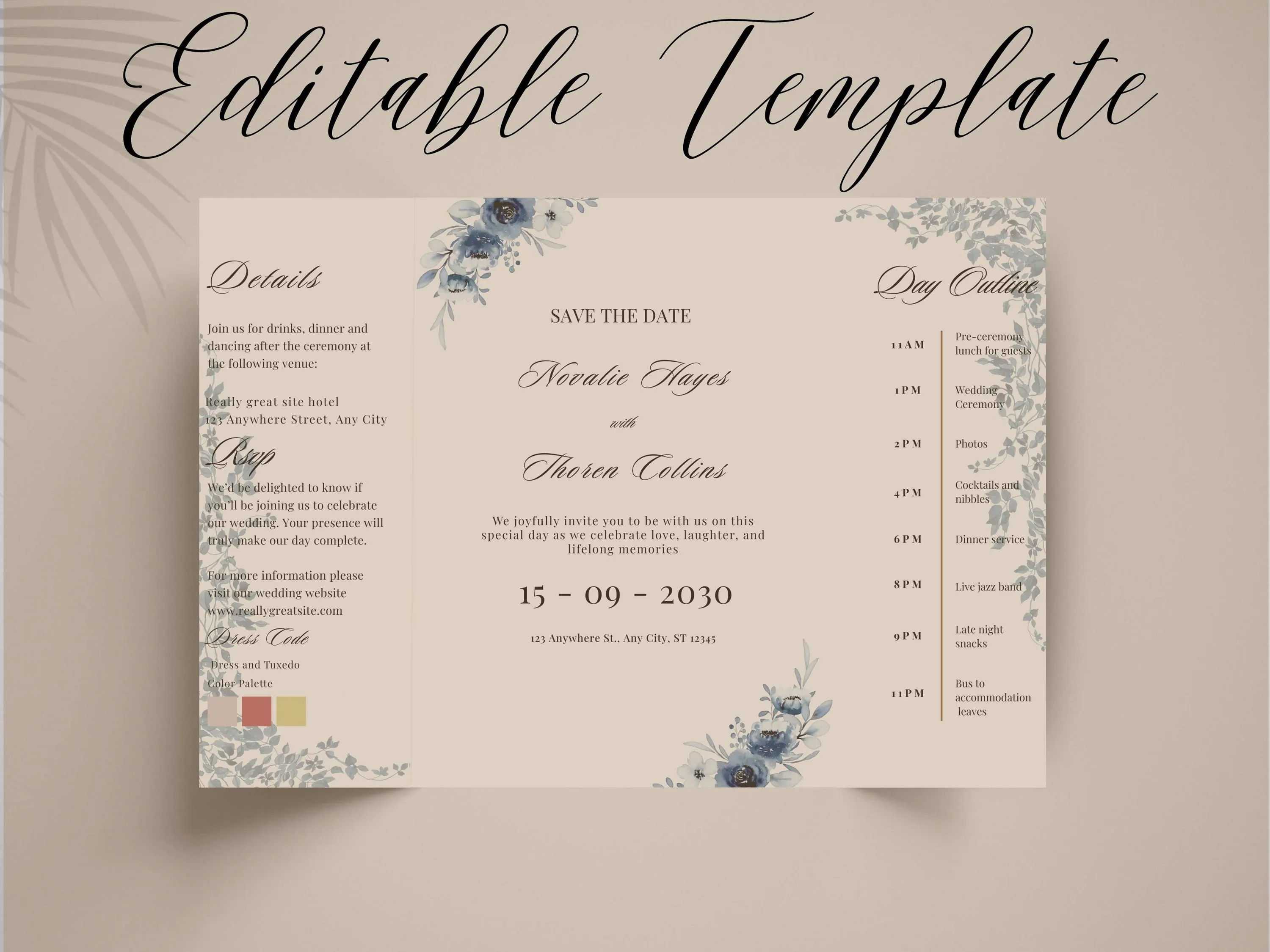Blue Floral Wedding Itinerary Template, Elegant Navy Timeline (Editable Canva Template) - image 4