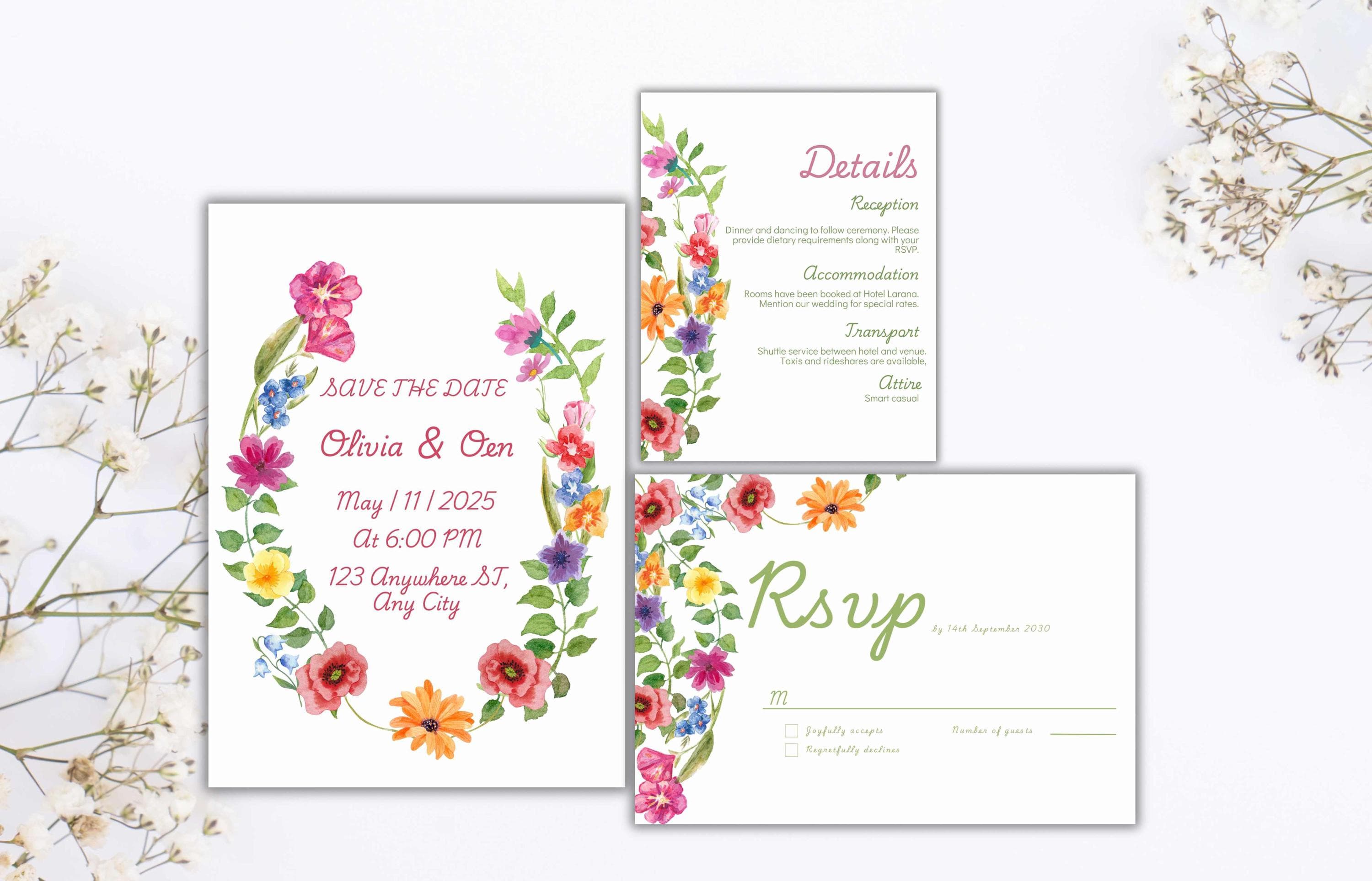 Pink Floral Wedding Invitation Template, Summer Wedding Invitation Suite, Botanical Invitation, Instant Download. WSB63 - image 3
