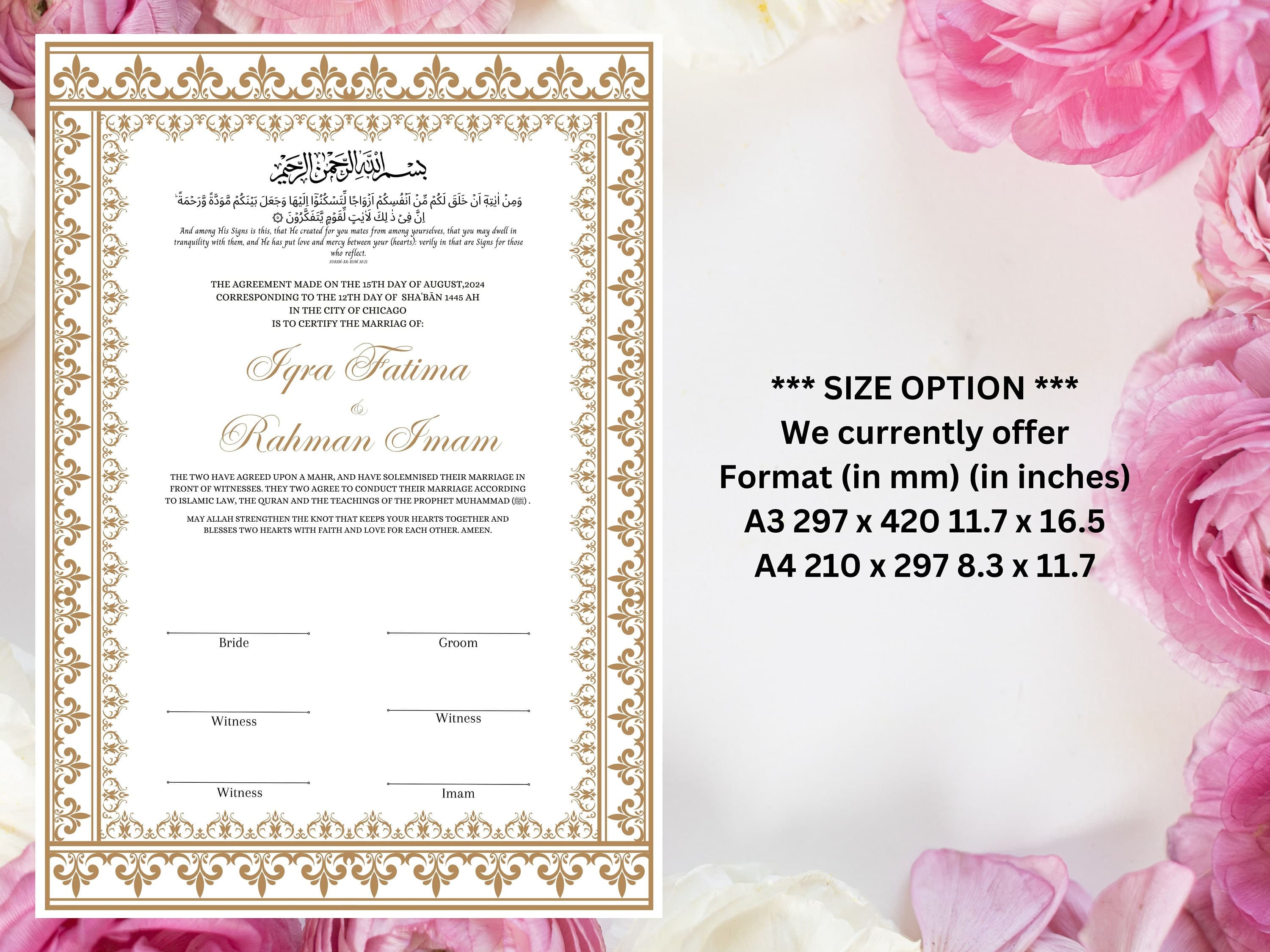Nikkah Certificate Digital Download Personalised, A4, A3, Template, Editable, Brown Nikkah Nama, Nikkah Contract, Muslim Contract. NN234 - image 3
