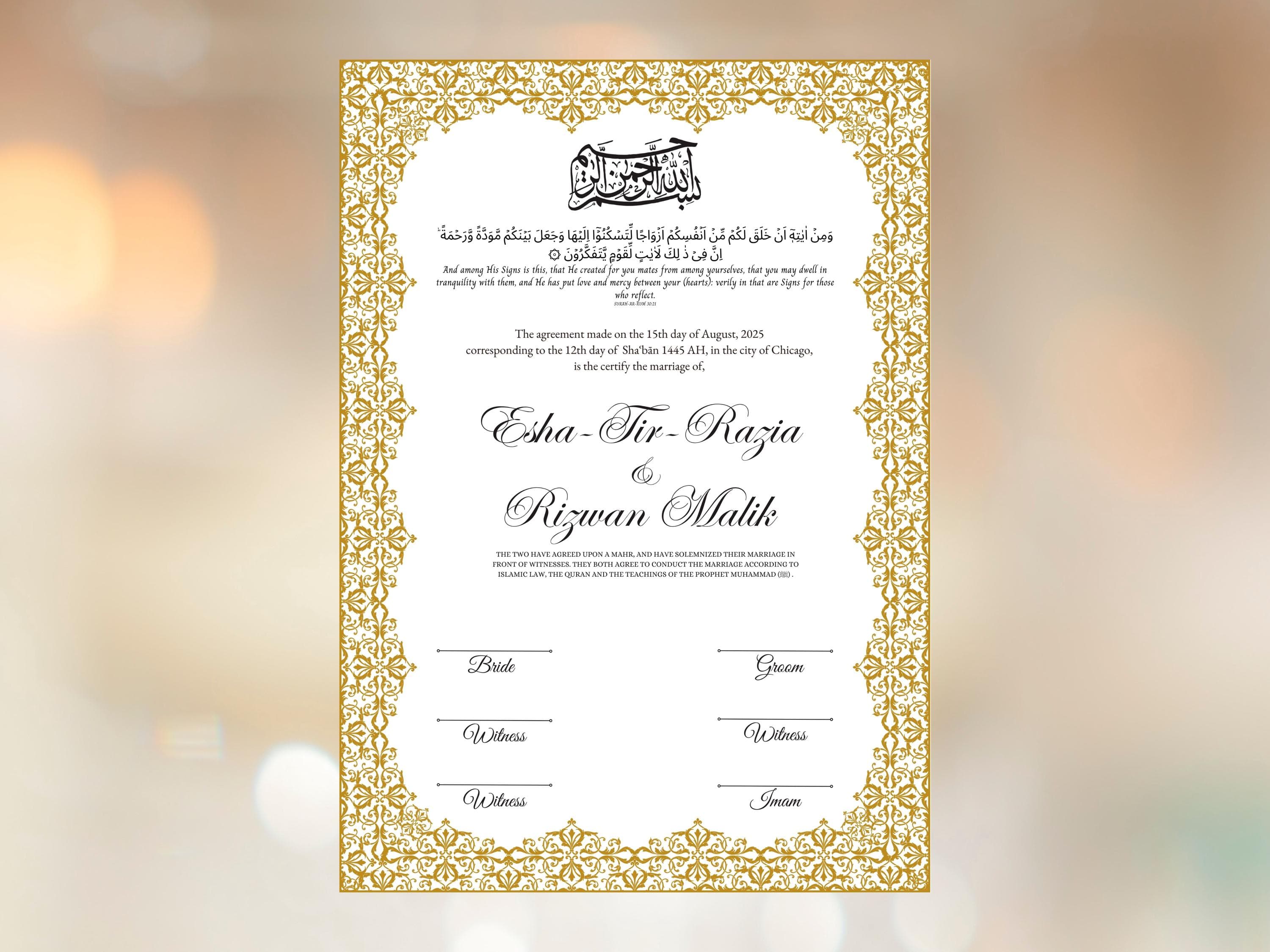 Nikkah Certificate Digital Download Personalised, A4, A3, Template, Editable, Nikkah Nama, Nikkah Contract, Muslim Contract. NN243