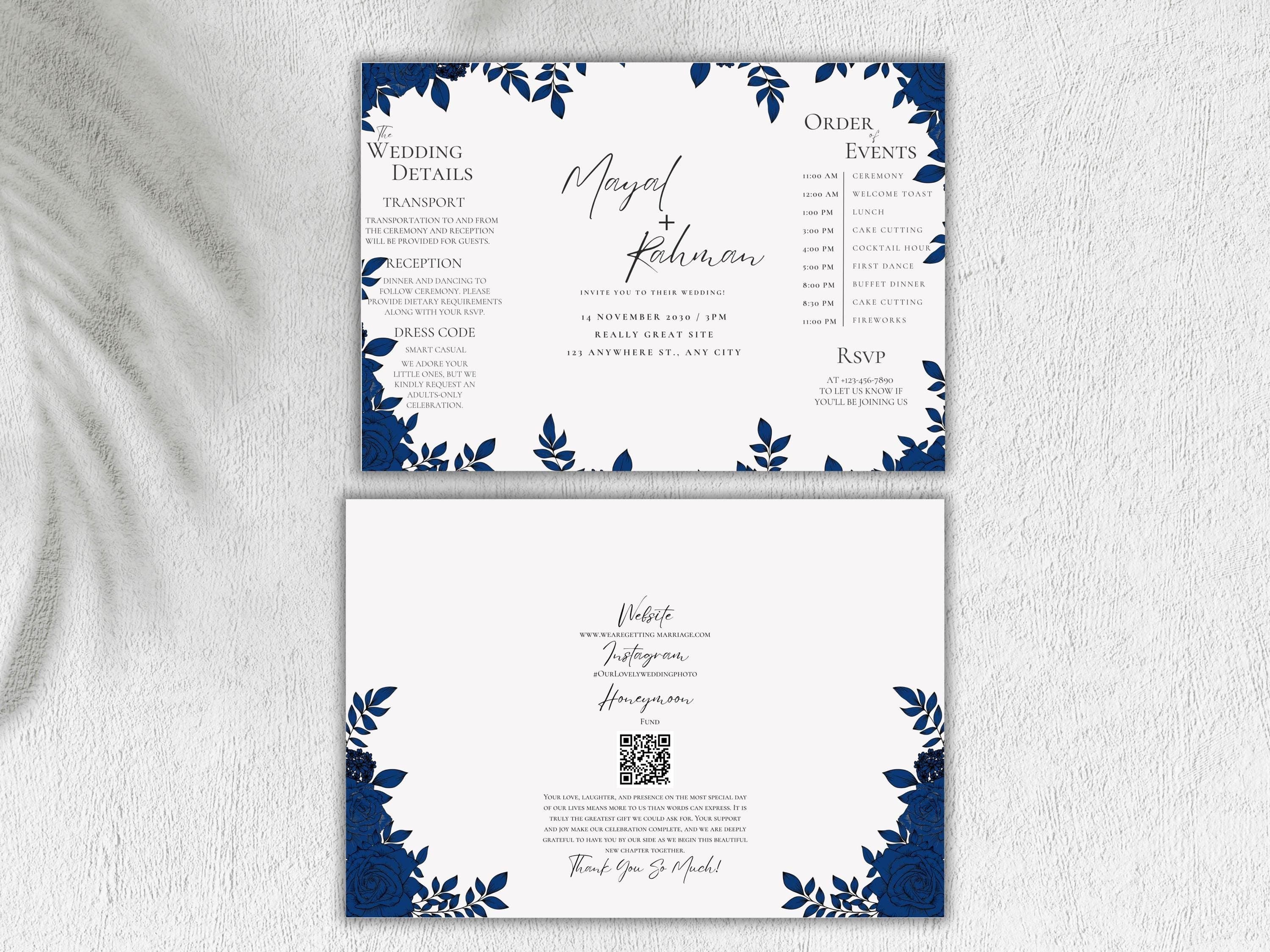 Blue Floral Gatefold Wedding Invitation Template: Modern Printable (10x7", 5x7" Folded) - image 4