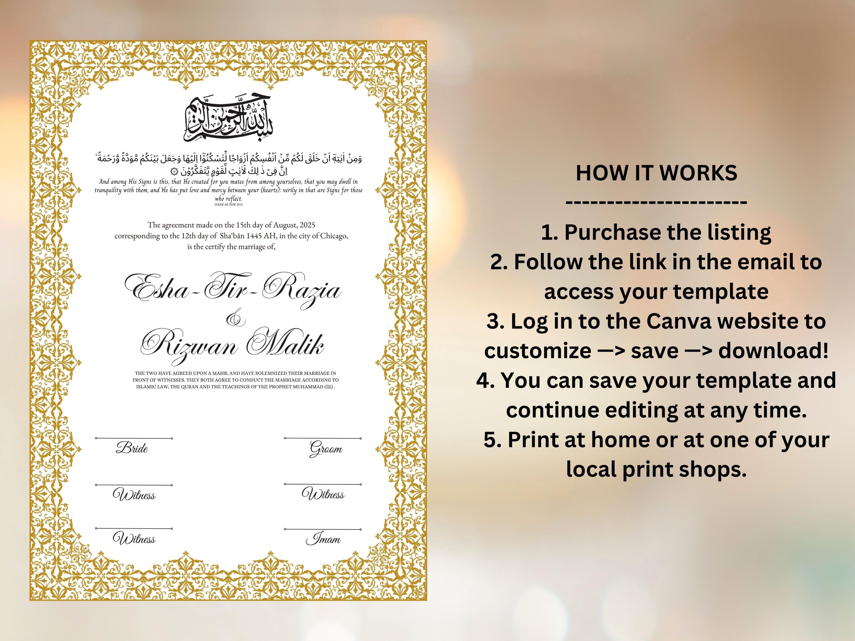 Nikkah Certificate Digital Download Personalised, A4, A3, Template, Editable, Nikkah Nama, Nikkah Contract, Muslim Contract. NN243 - image 3