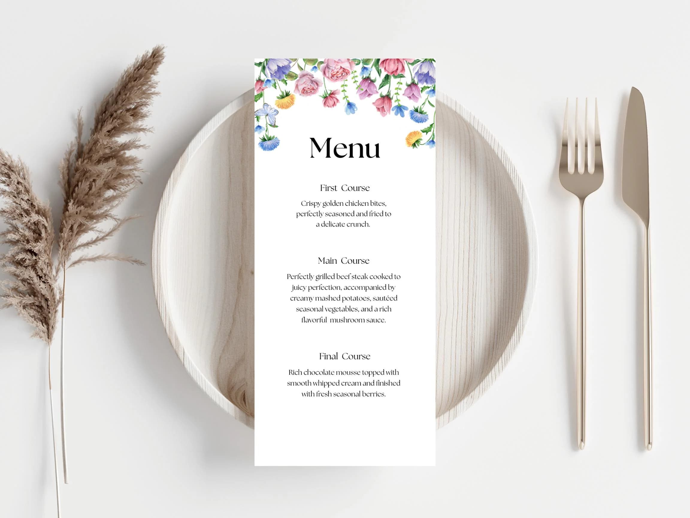 Floral Menu Card, Wedding Thank You, Table Card (Editable Template)