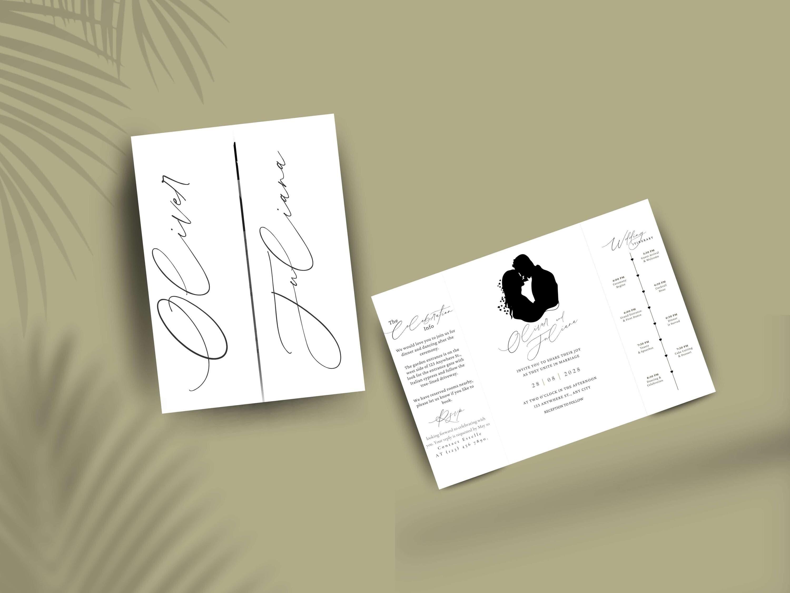 Elegant Gatefold Wedding Invitation: Minimalist Silhouette, Printable Template