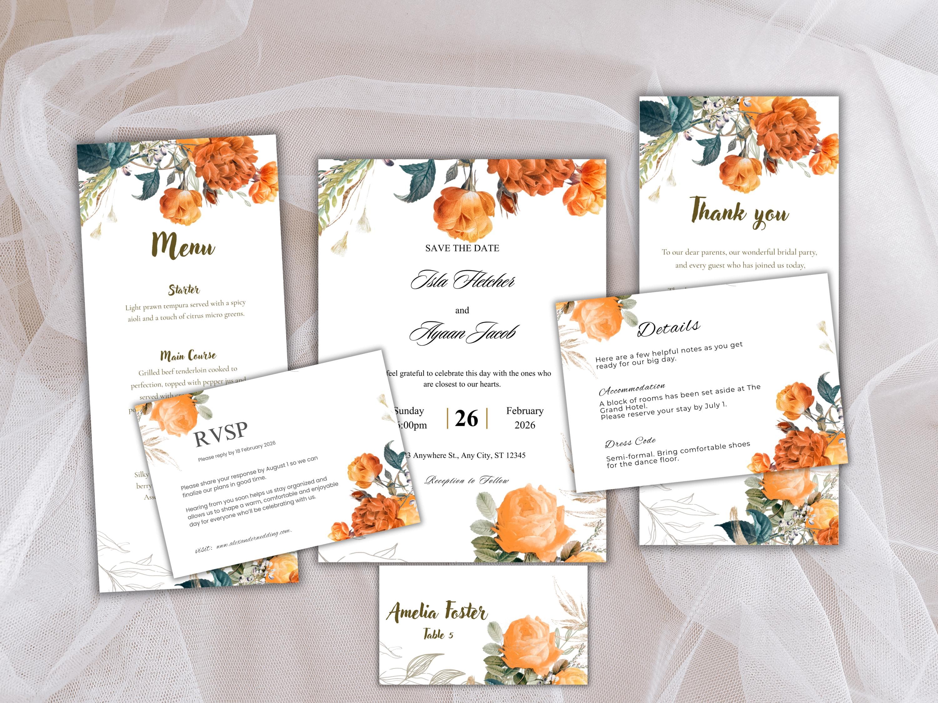 Wedding Invitation Bundle, RSVP, Thank You Card, Table Card, Menu Card, Reception Card, Details Card. WI250