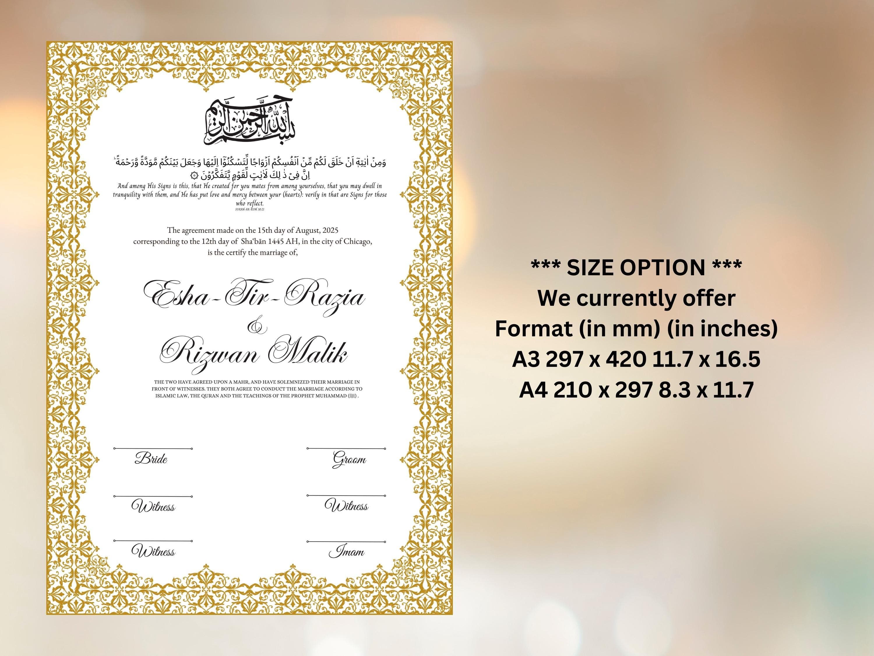 Nikkah Certificate Digital Download Personalised, A4, A3, Template, Editable, Nikkah Nama, Nikkah Contract, Muslim Contract. NN243 - image 4
