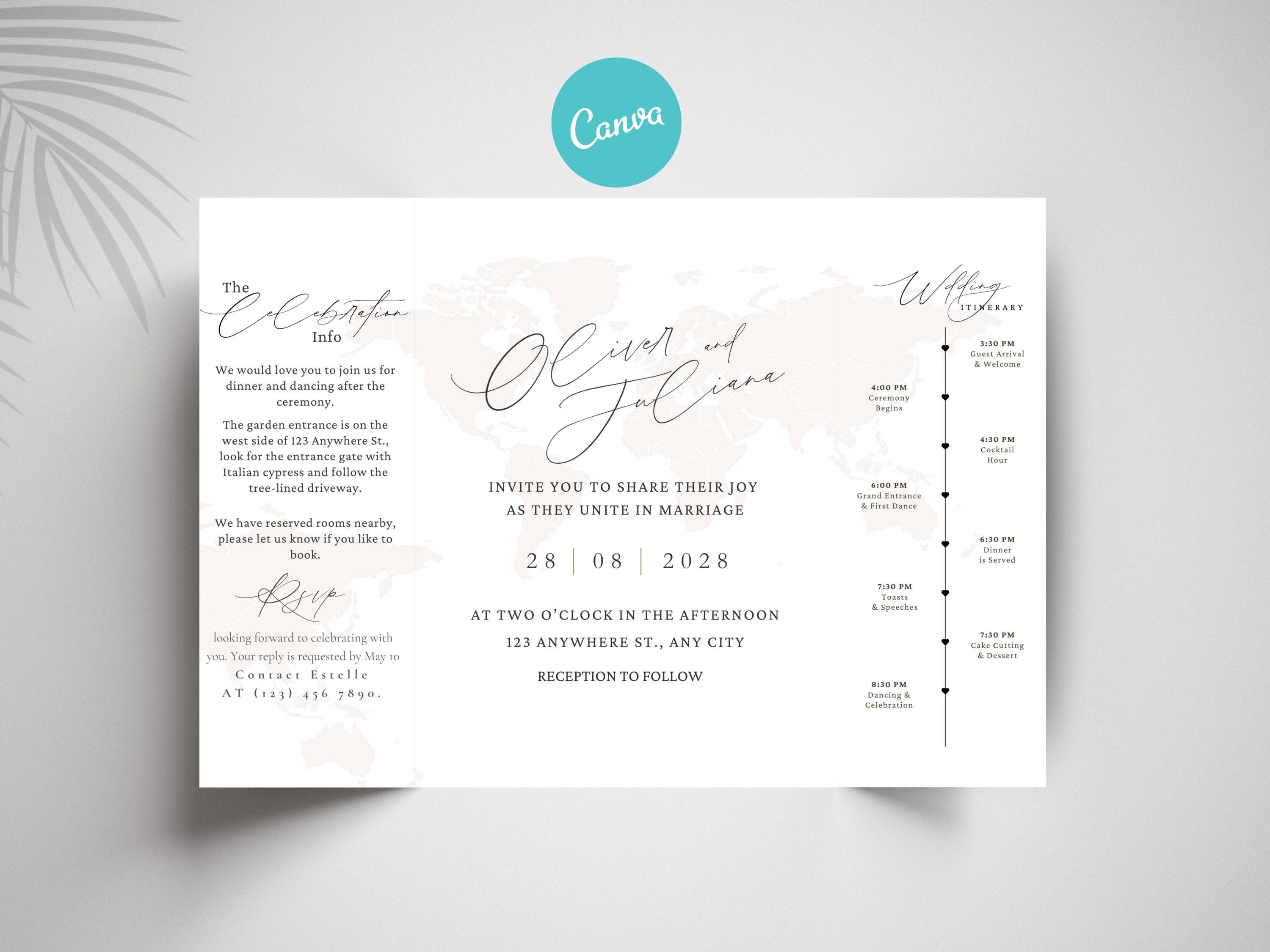 Destination Wedding Invitation Template: Elegant Folded Travel Theme (Printable Timeline & RSVP Card)