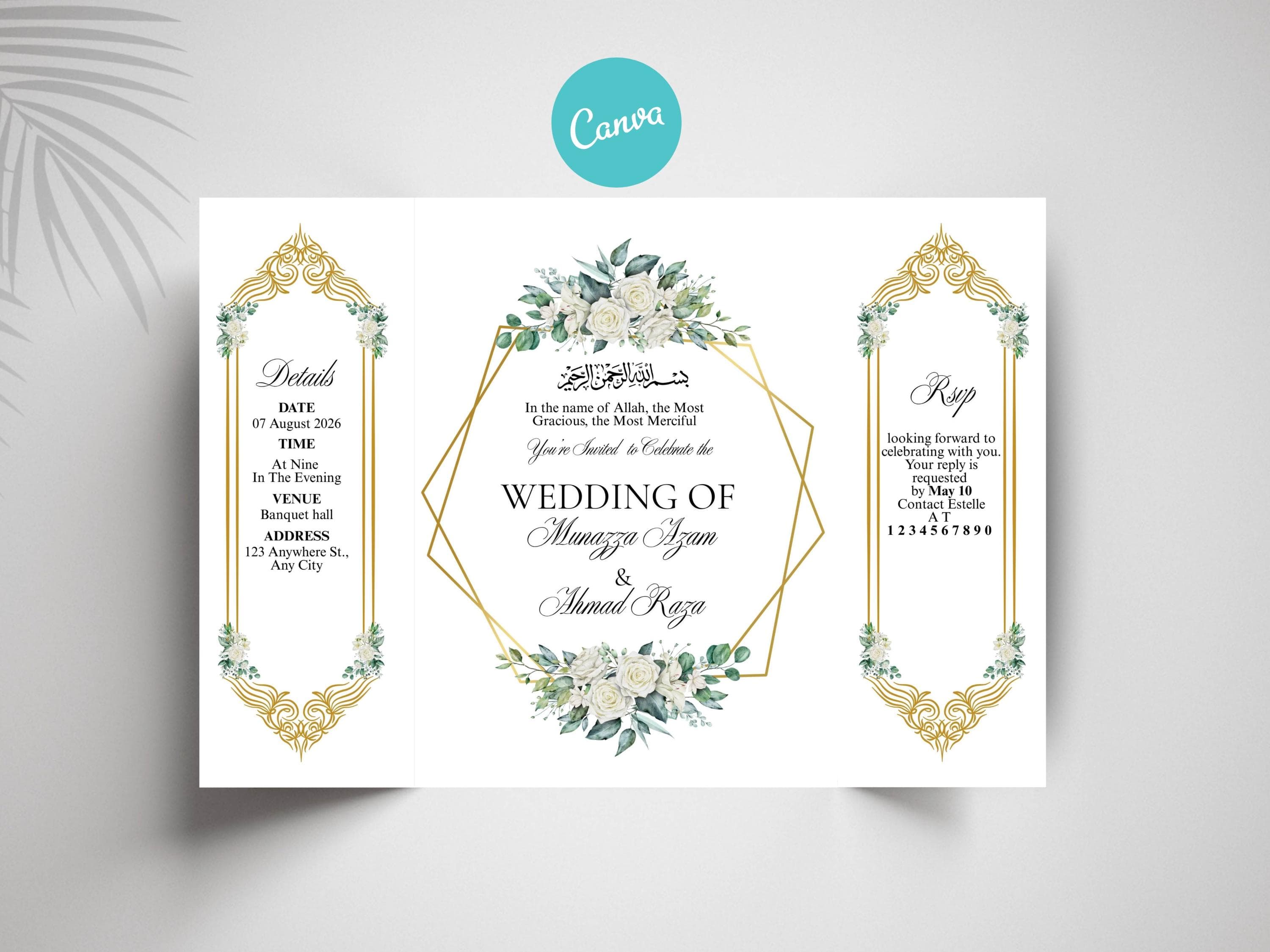 Elegant Green Floral Islamic Wedding Invitation Template (Printable Canva File)