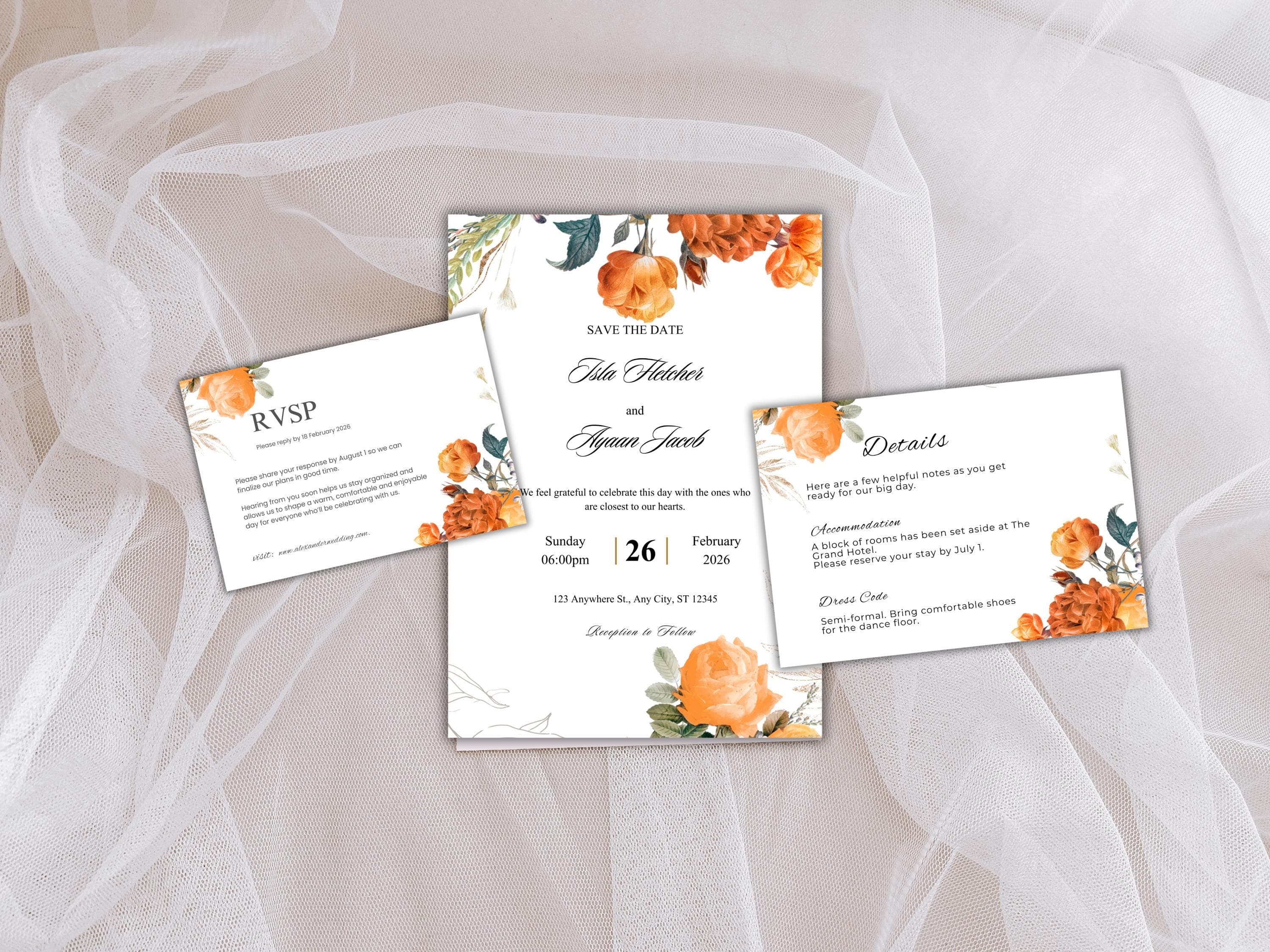 Wedding Invitation Bundle, RSVP, Thank You Card, Table Card, Menu Card, Reception Card, Details Card. WI250 - image 3
