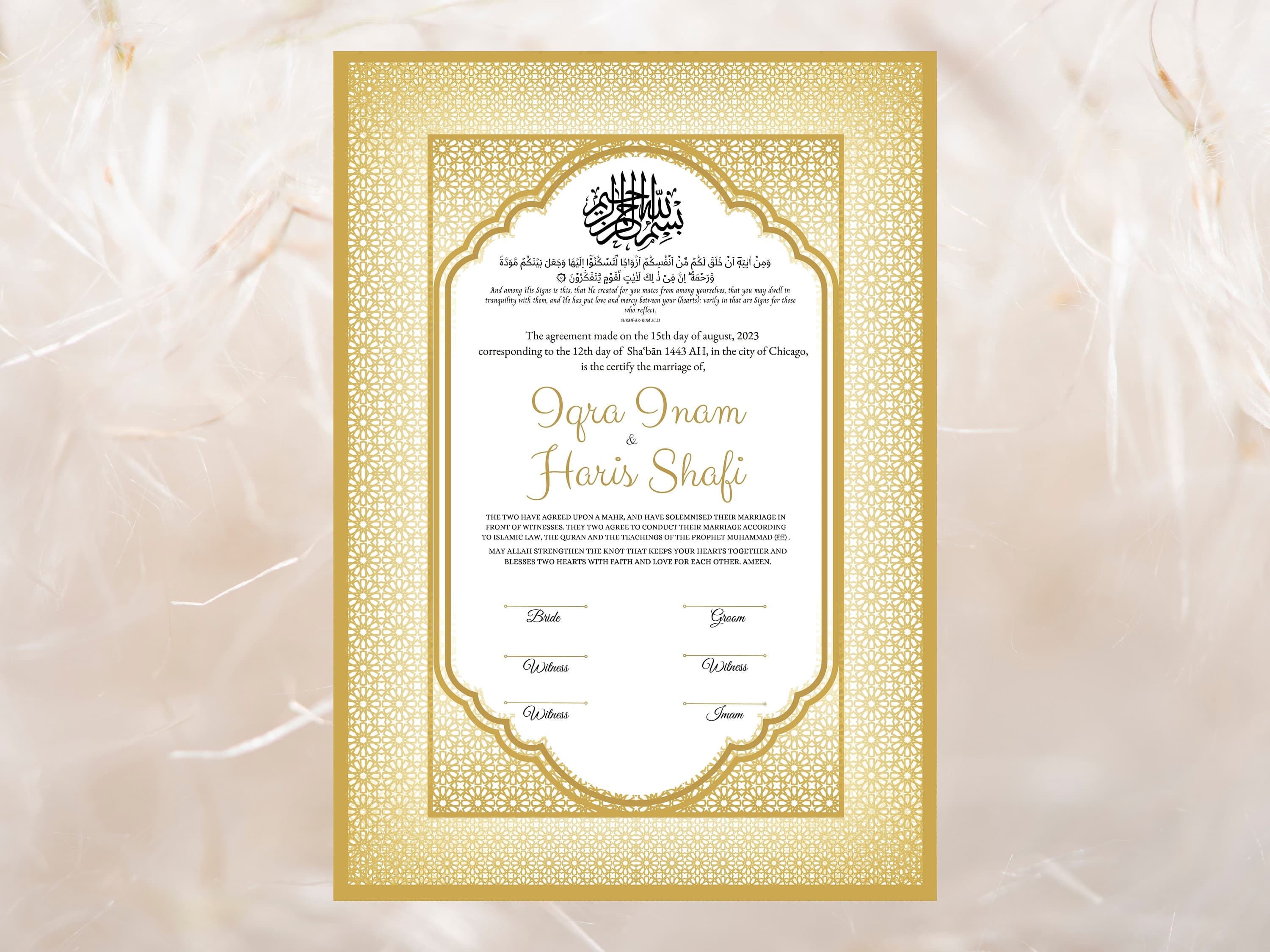 Nikkah Certificate Gold, Luxury Nikkah Contract, Editable Nikah Nama, Islamic Wedding Contract, Digital Download. NN44