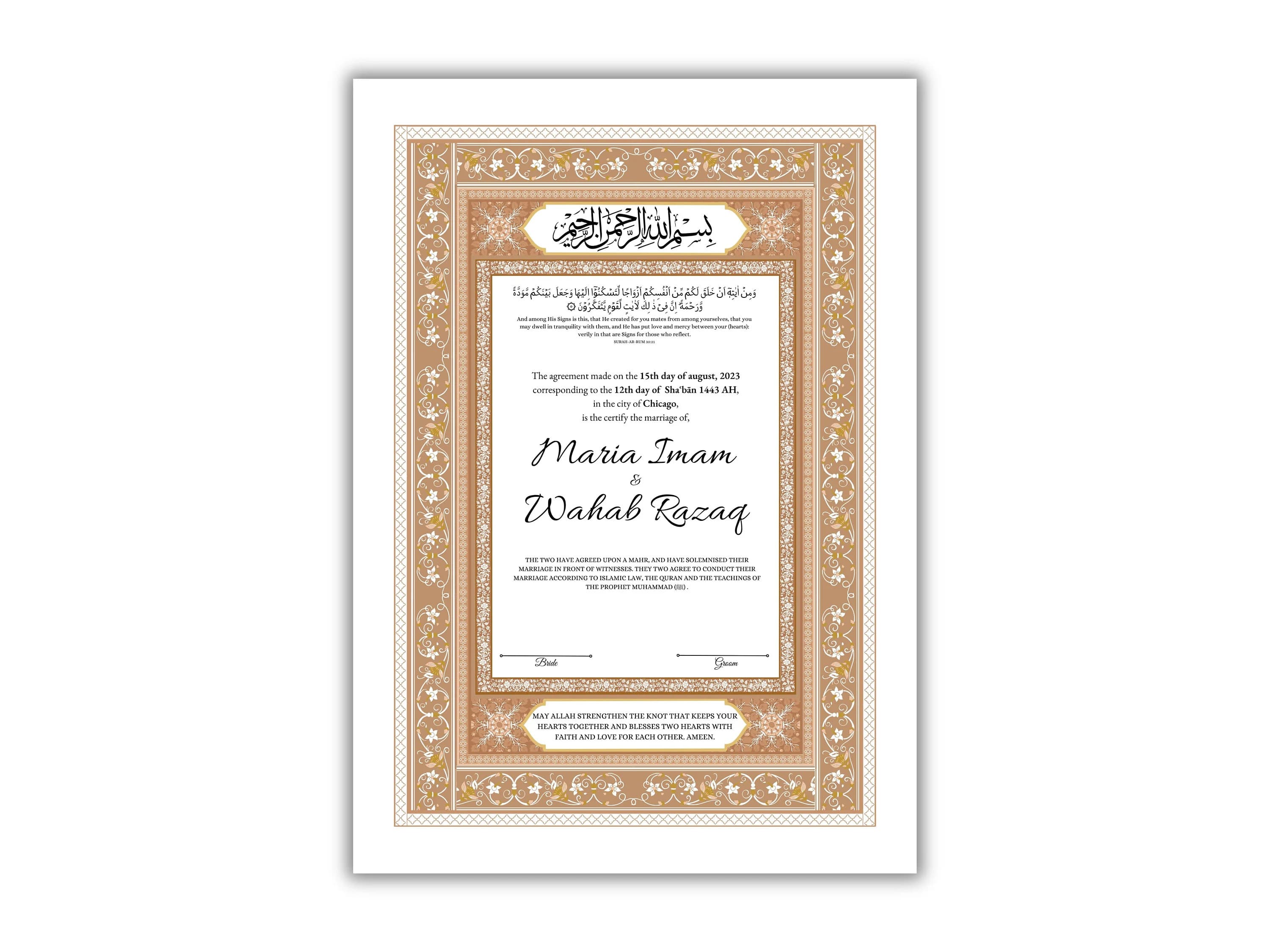 Custom Nikkah Contract, Islamic Wedding Certificate (Digital Printable)