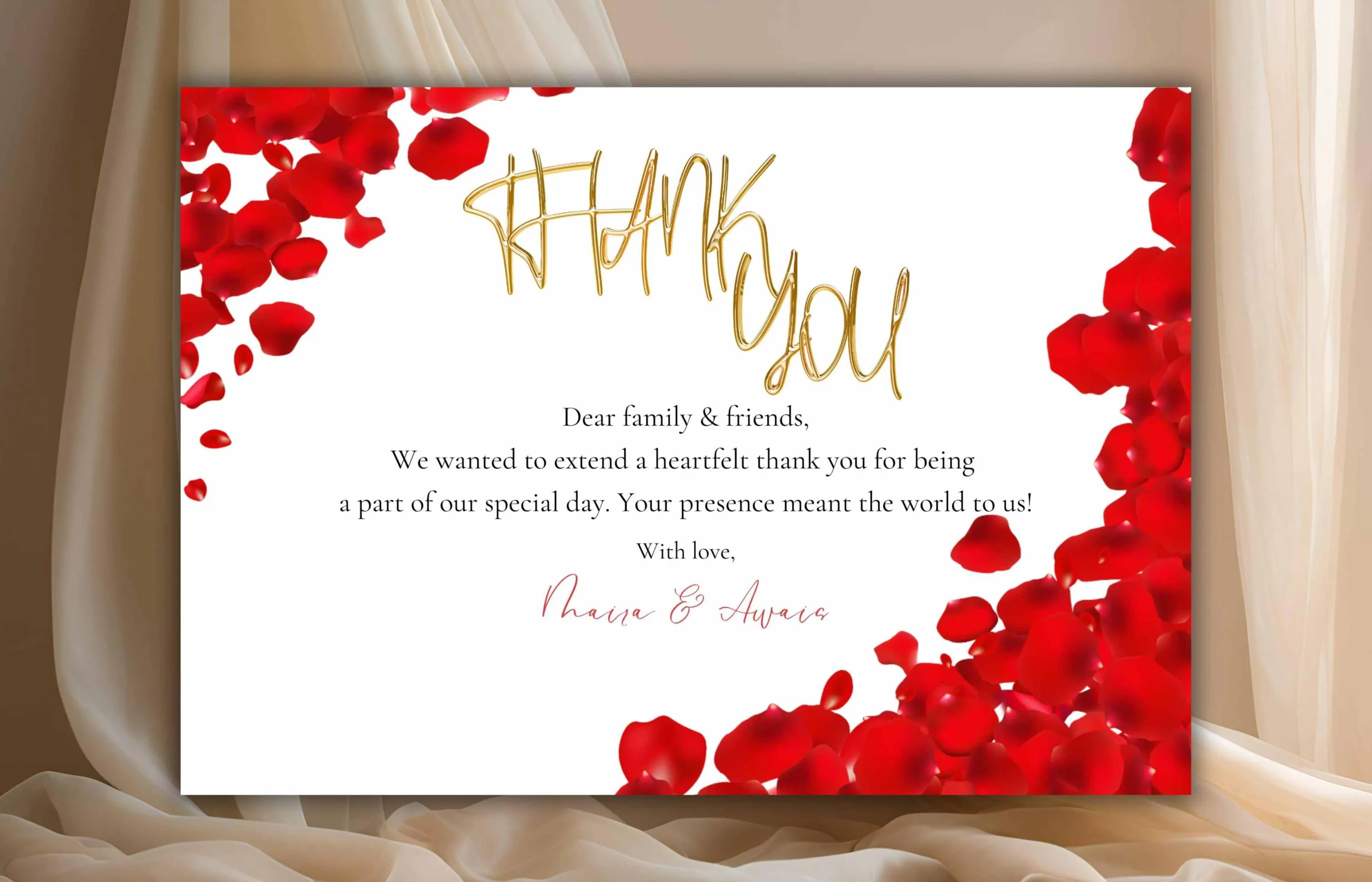 Red Petals Wedding Thank You Card, Editable Template (Digital Download)