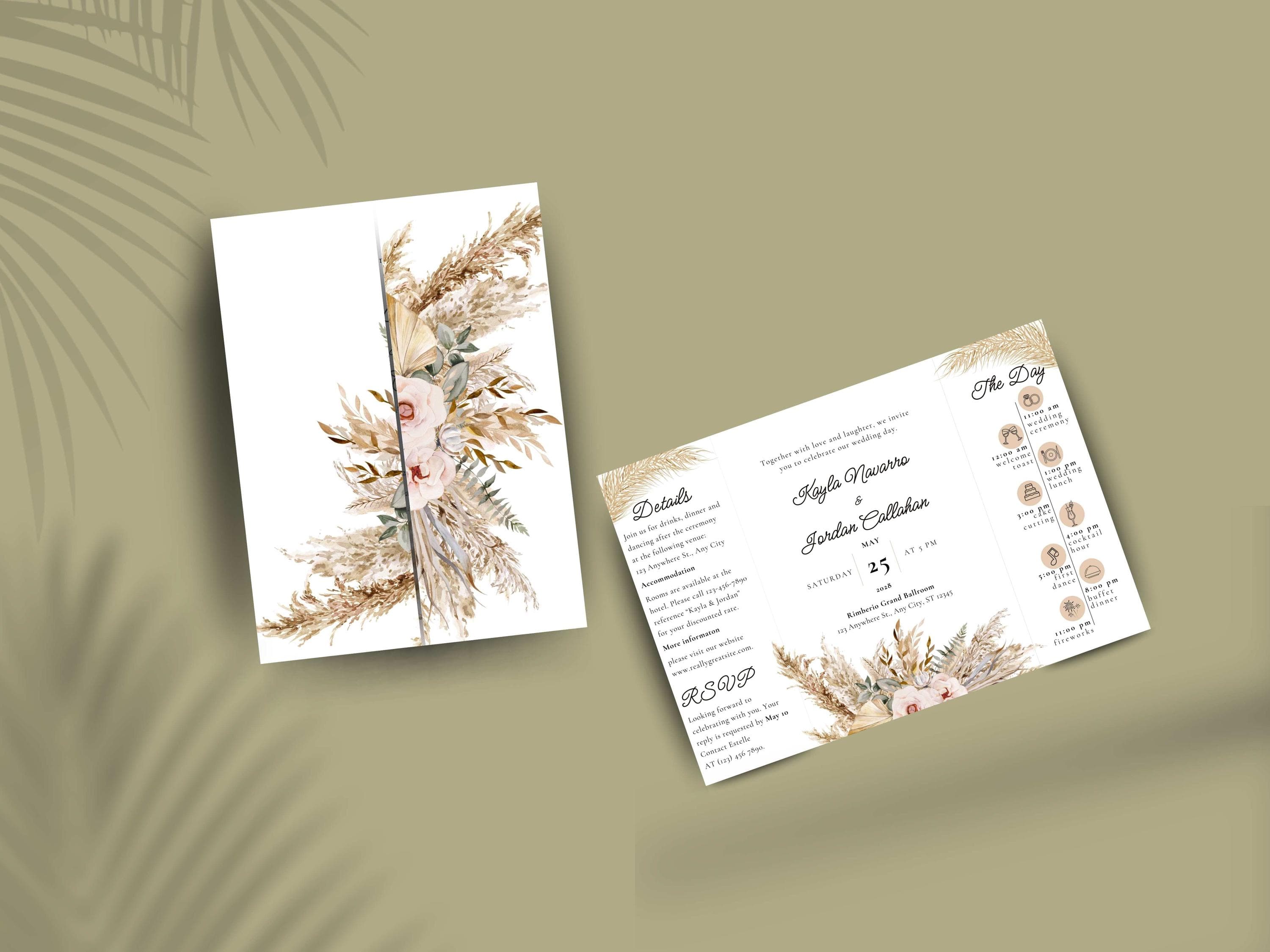 Rustic Floral Gatefold Wedding Invitation: Beige Boho Timeline (Digital Download) - image 4