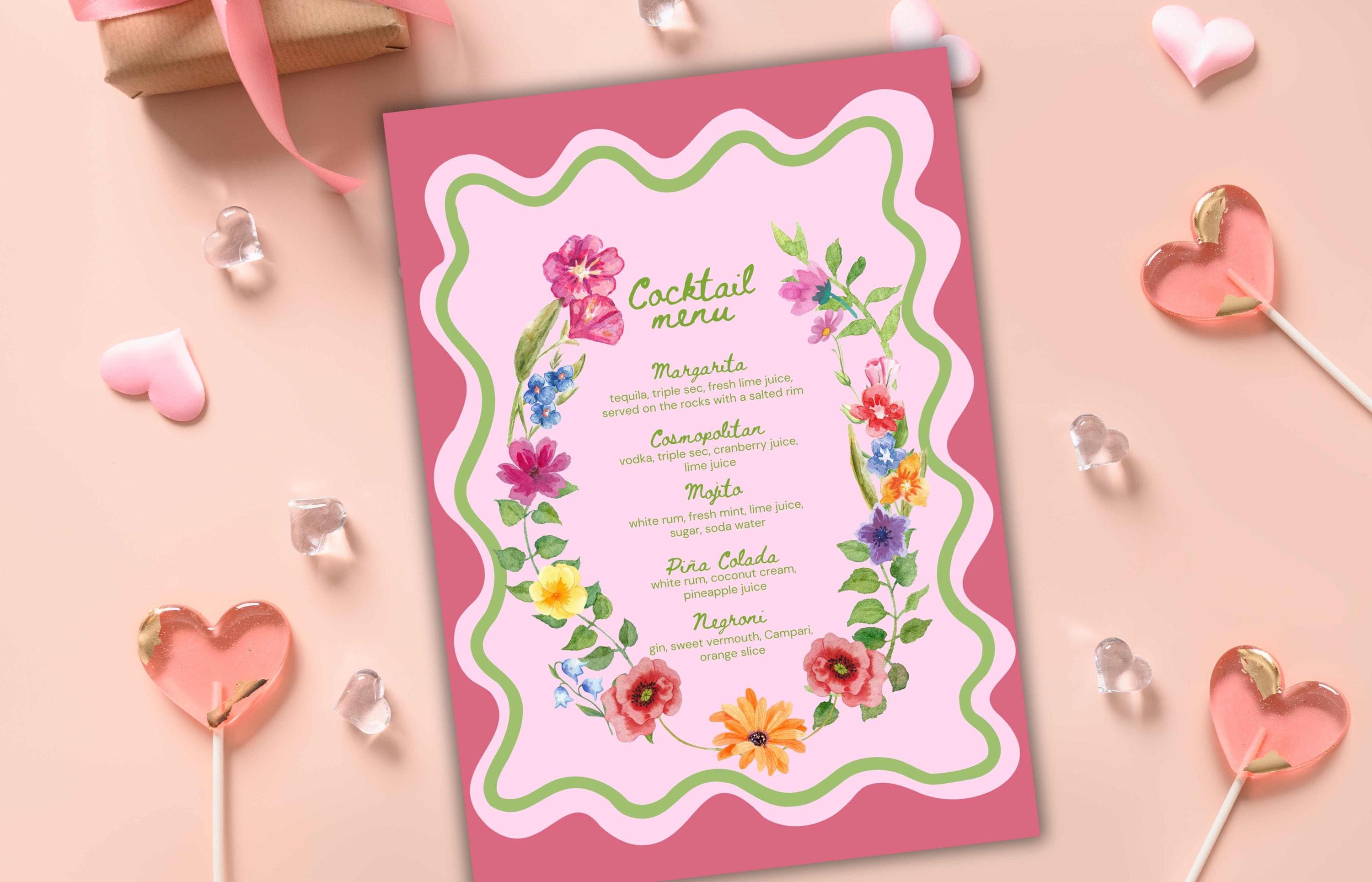 Colorful Floral Cocktail Menu Template, Printable Drinks Sign, Bar Menu Garden Party, Drink Menu, Biotical Wavy Cocktail Menu. WSB39 - image 5