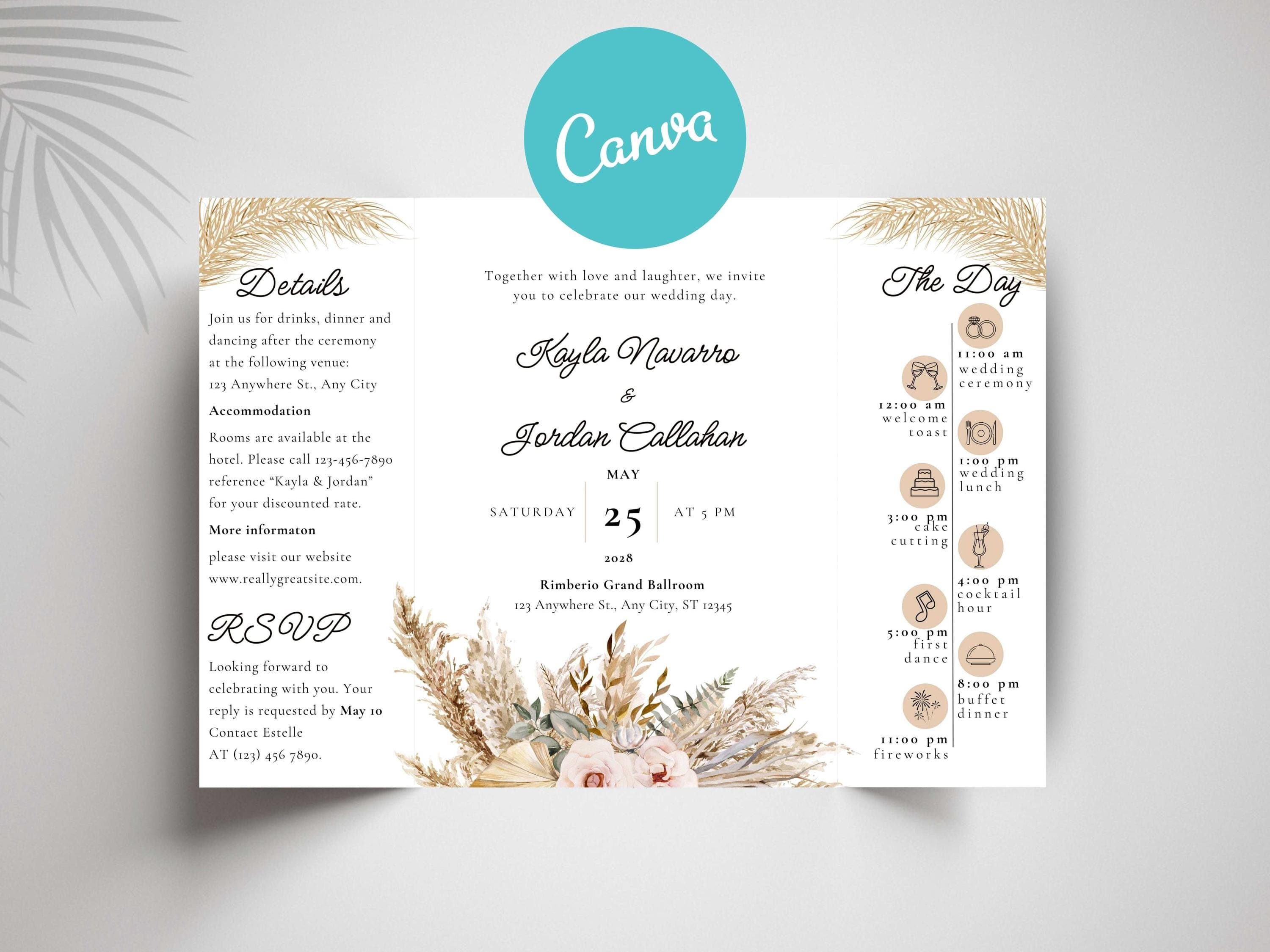 Rustic Floral Gatefold Wedding Invitation: Beige Boho Timeline (Digital Download)