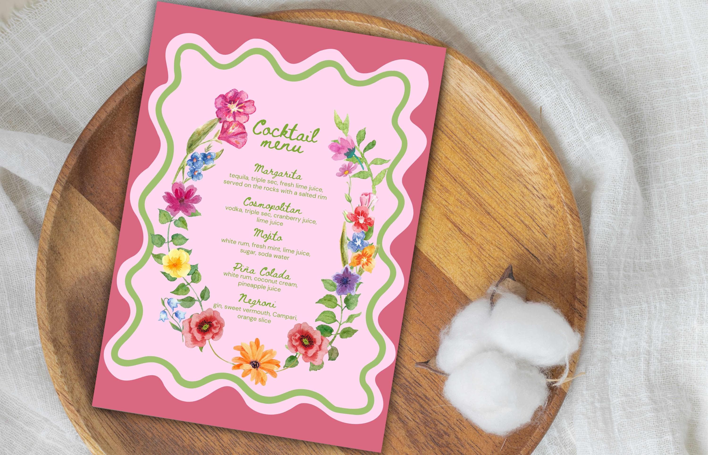 Colorful Floral Cocktail Menu Template, Printable Drinks Sign, Bar Menu Garden Party, Drink Menu, Biotical Wavy Cocktail Menu. WSB39 - image 3