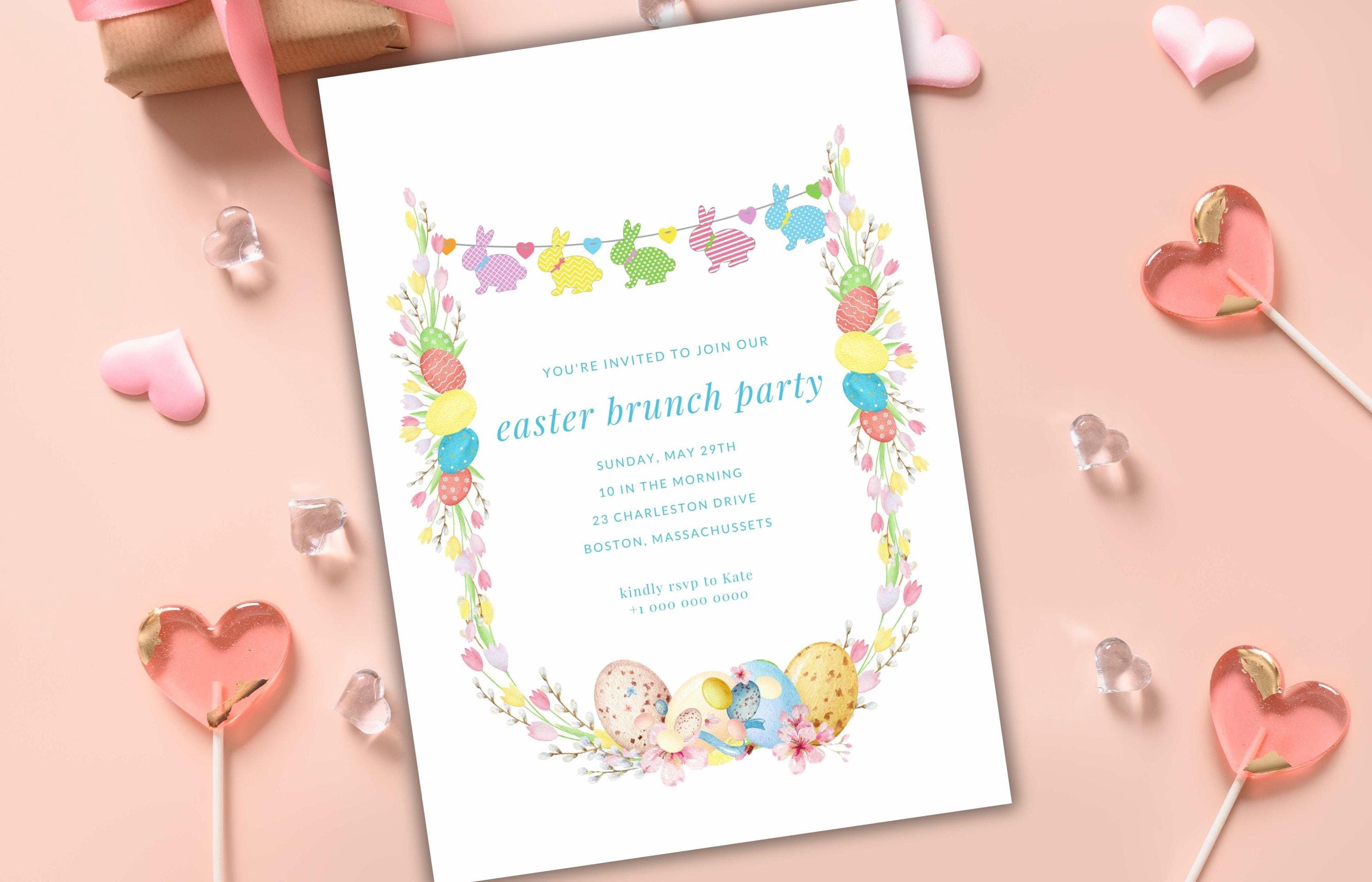 Editable Easter Brunch Invitation, Easter Egg Hunt Invite, Easter Party Brunch Invitation, Floral Easter Invite,  Bunny Invitation. ESB42 - image 5