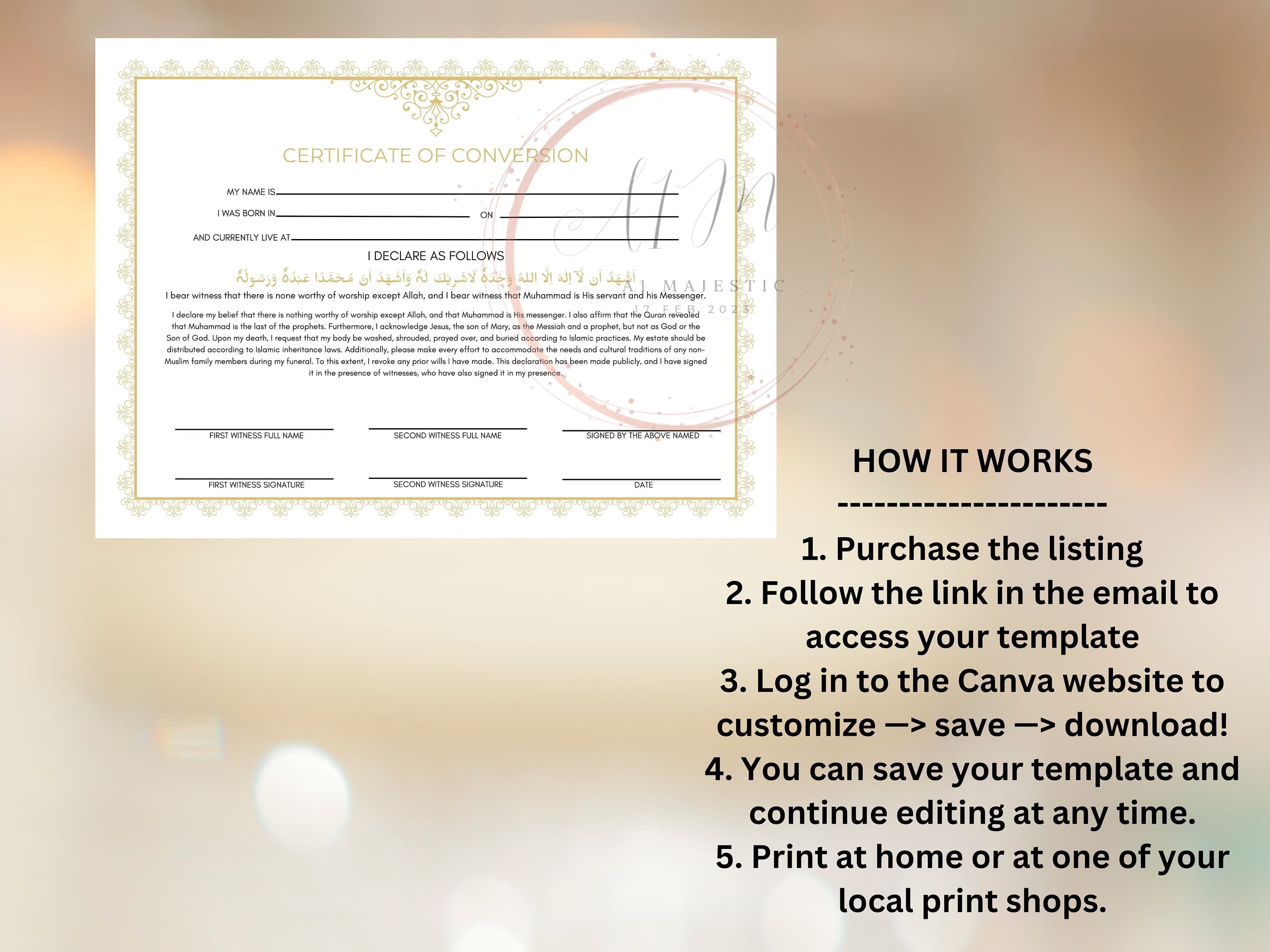 Conversion Certificate, Muslim Conversion Certificate, Shahada Certificate, Convert Certificate, Editable, Printable, Instant Download. CC2 - image 3